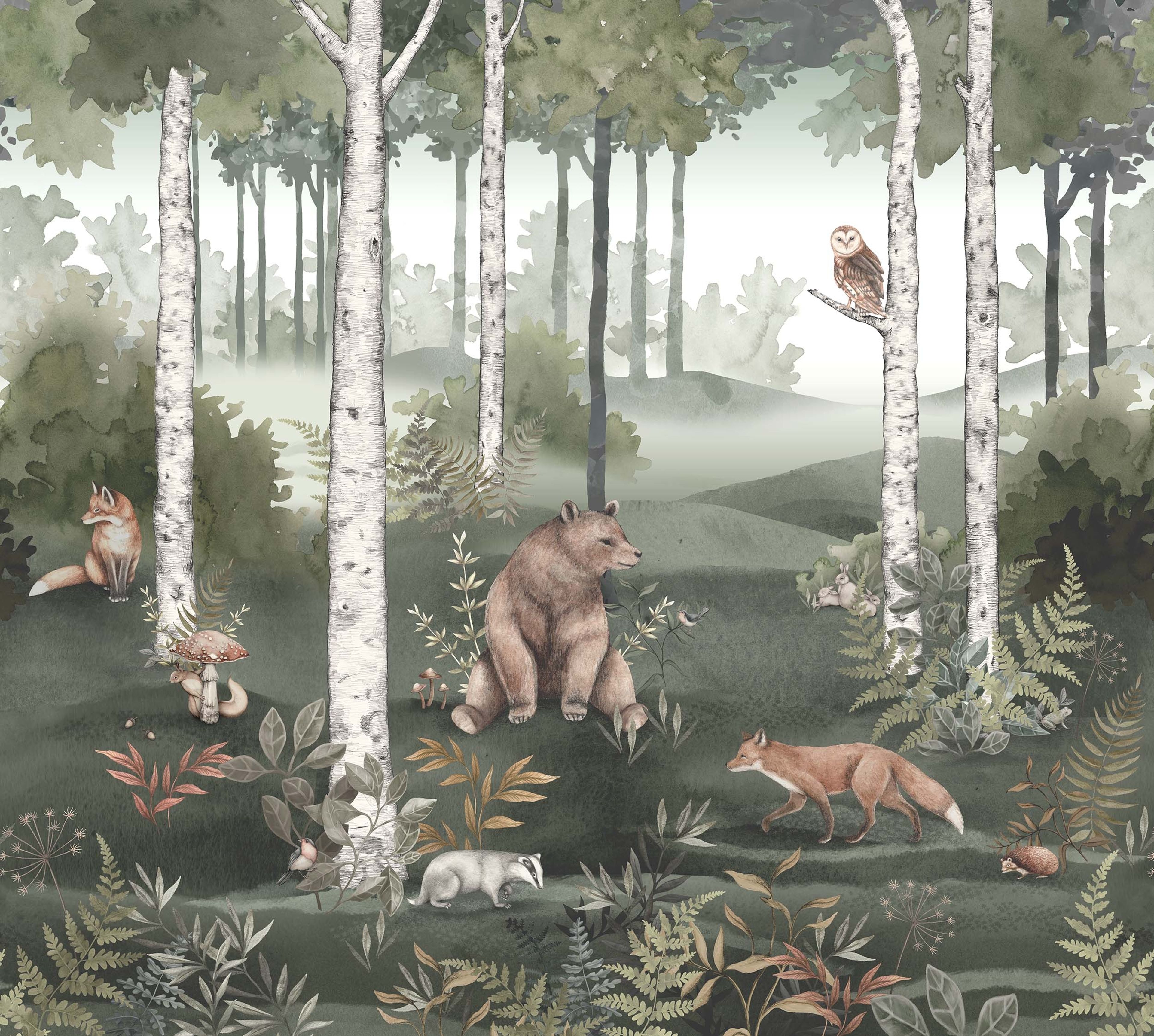 Wild Forest Mural, tapet tapet med stormönstrat, djur, barnrum mönster i grön. Från kollektionen Newbie II Wallpaper. Nonwoven-material med rak passning. Passar i barnrum.