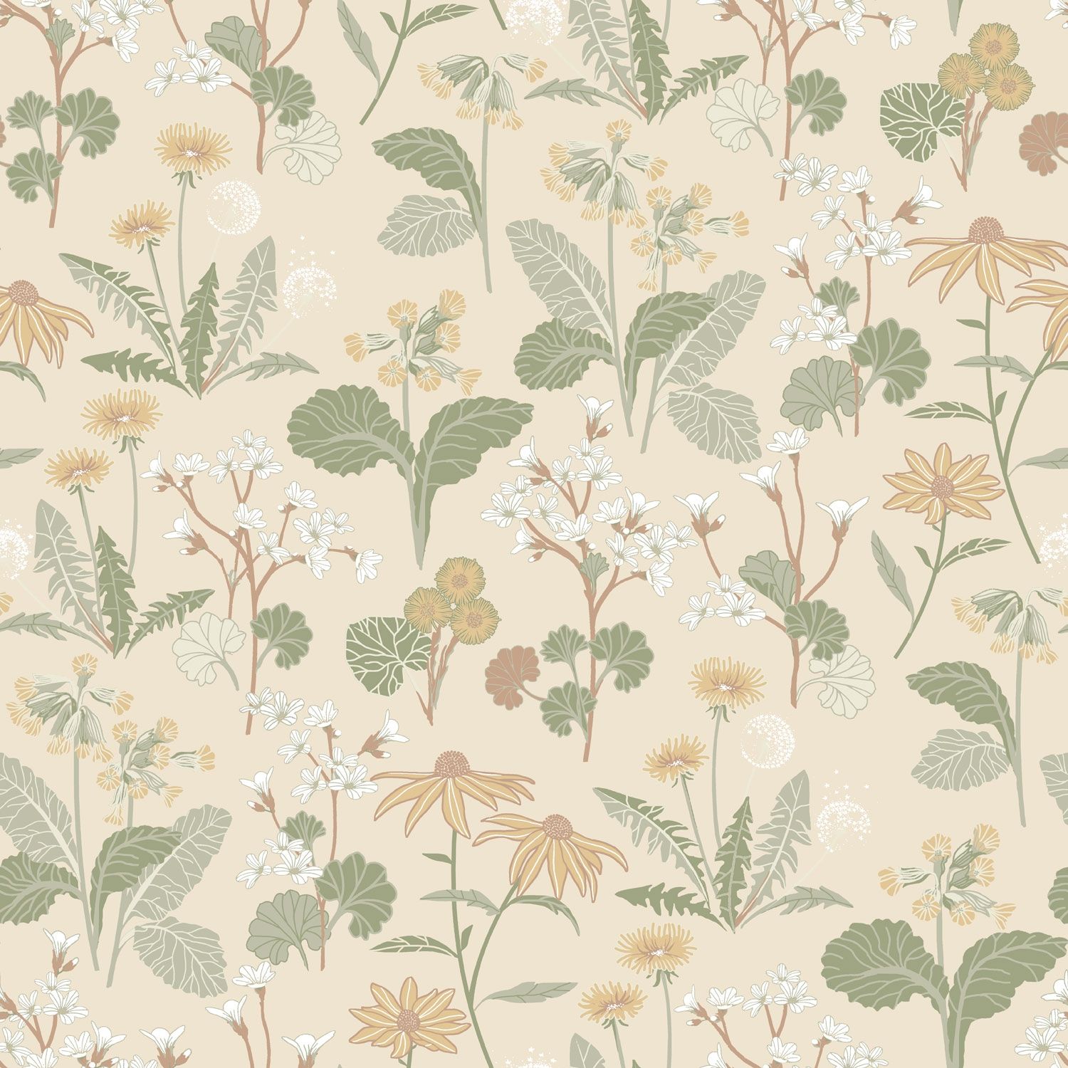 Magdalena, beige tapet tapet med blommigt mönster i beige. Från kollektionen Örtagård. Nonwoven-material med rak passning.