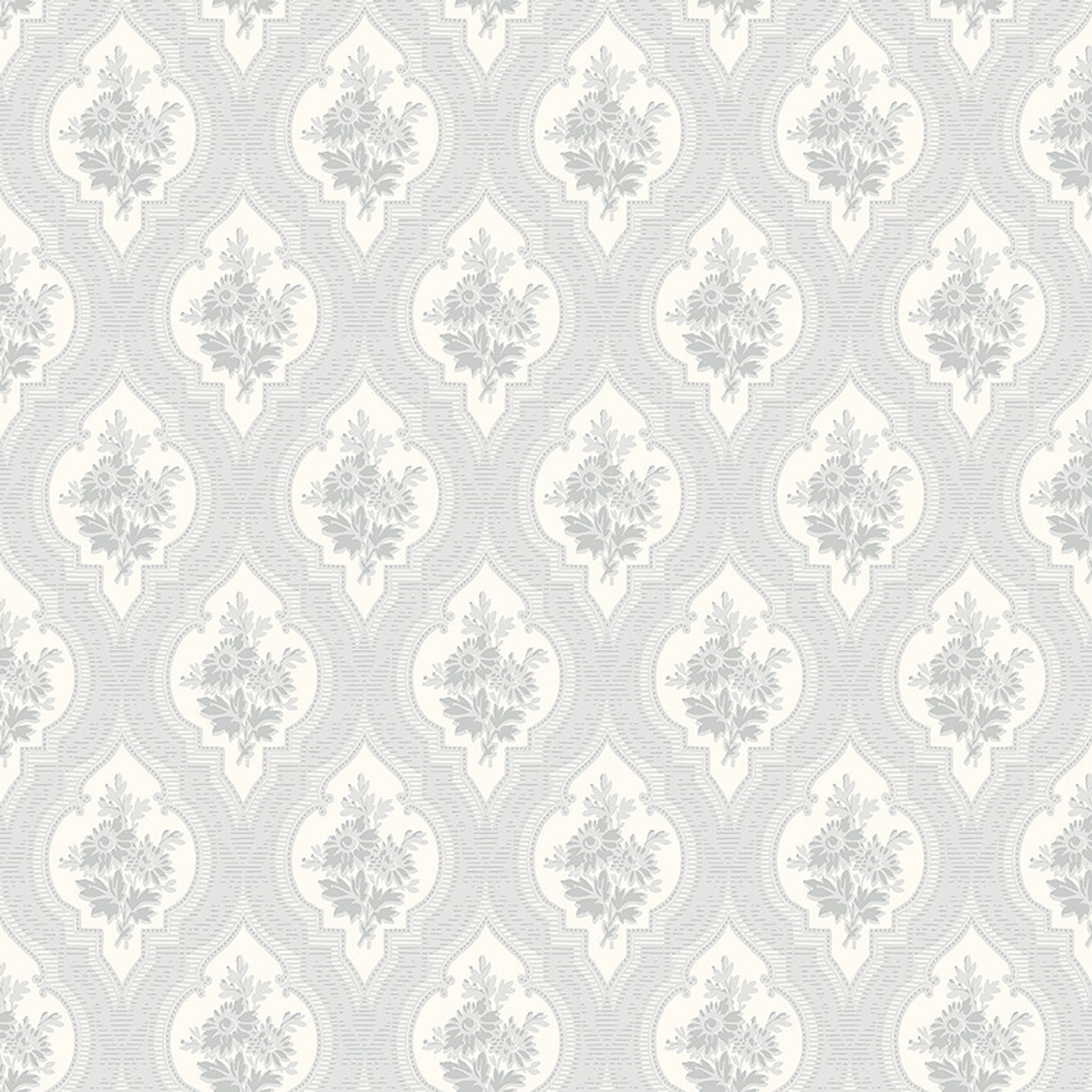 Eternal Flower tapet tapet med blommigt, trellis mönster i grå. Från kollektionen Dreamy Escape. Nonwoven-material med förskjuten passning. Passar i vardagsrum och matsal.