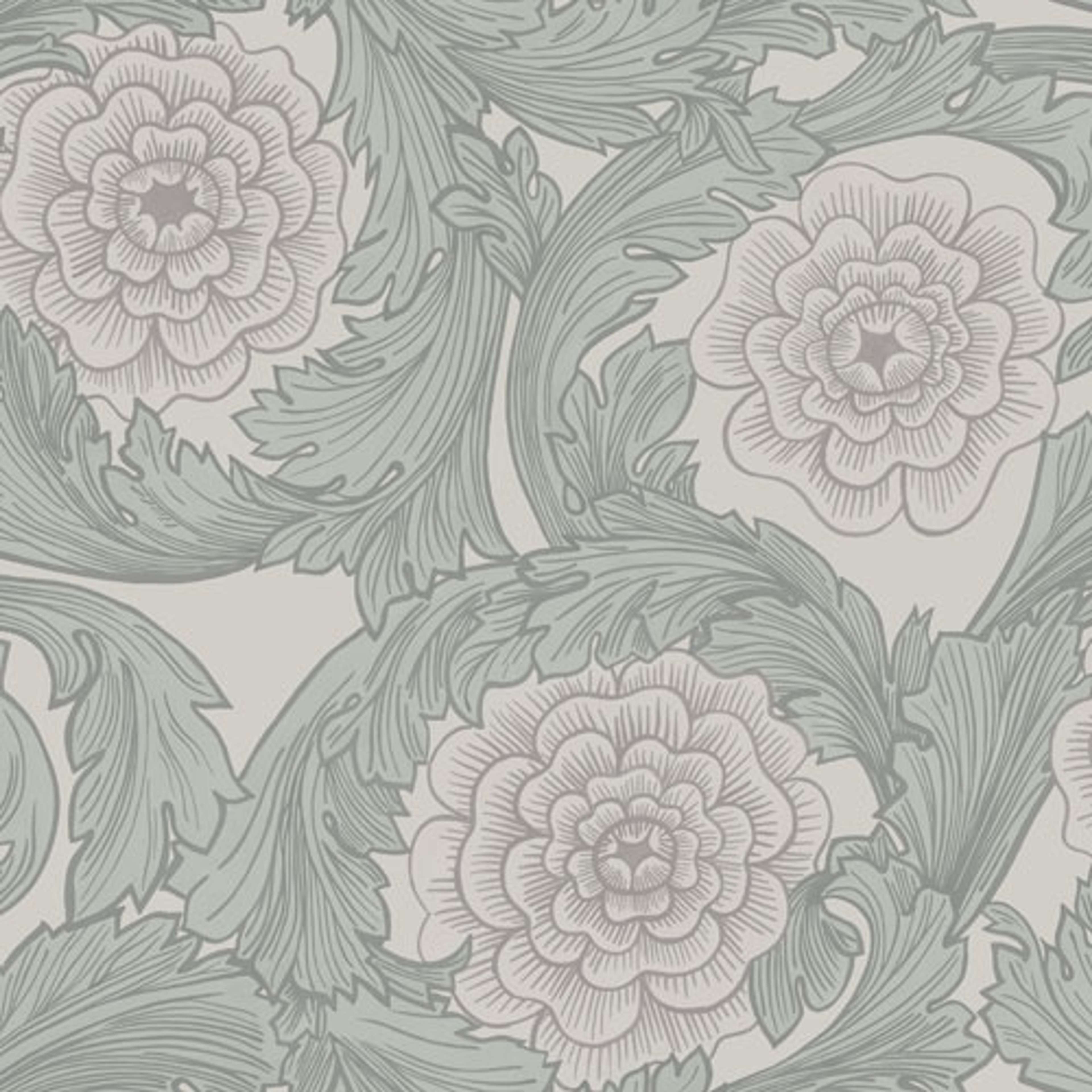Rosa storblommig, ljusgrå tapet från Midbec med blommigt mönster i grå. Från kollektionen Blomstermåla. Nonwoven-material med förskjuten passning.