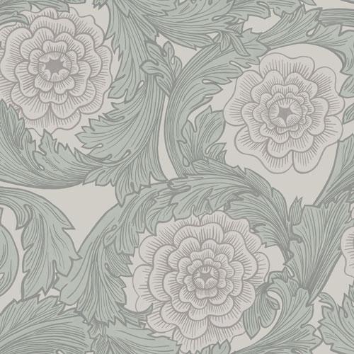 Rosa storblommig, ljusgrå tapet från Midbec med blommigt mönster i grå. Från kollektionen Blomstermåla. Nonwoven-material med förskjuten passning.