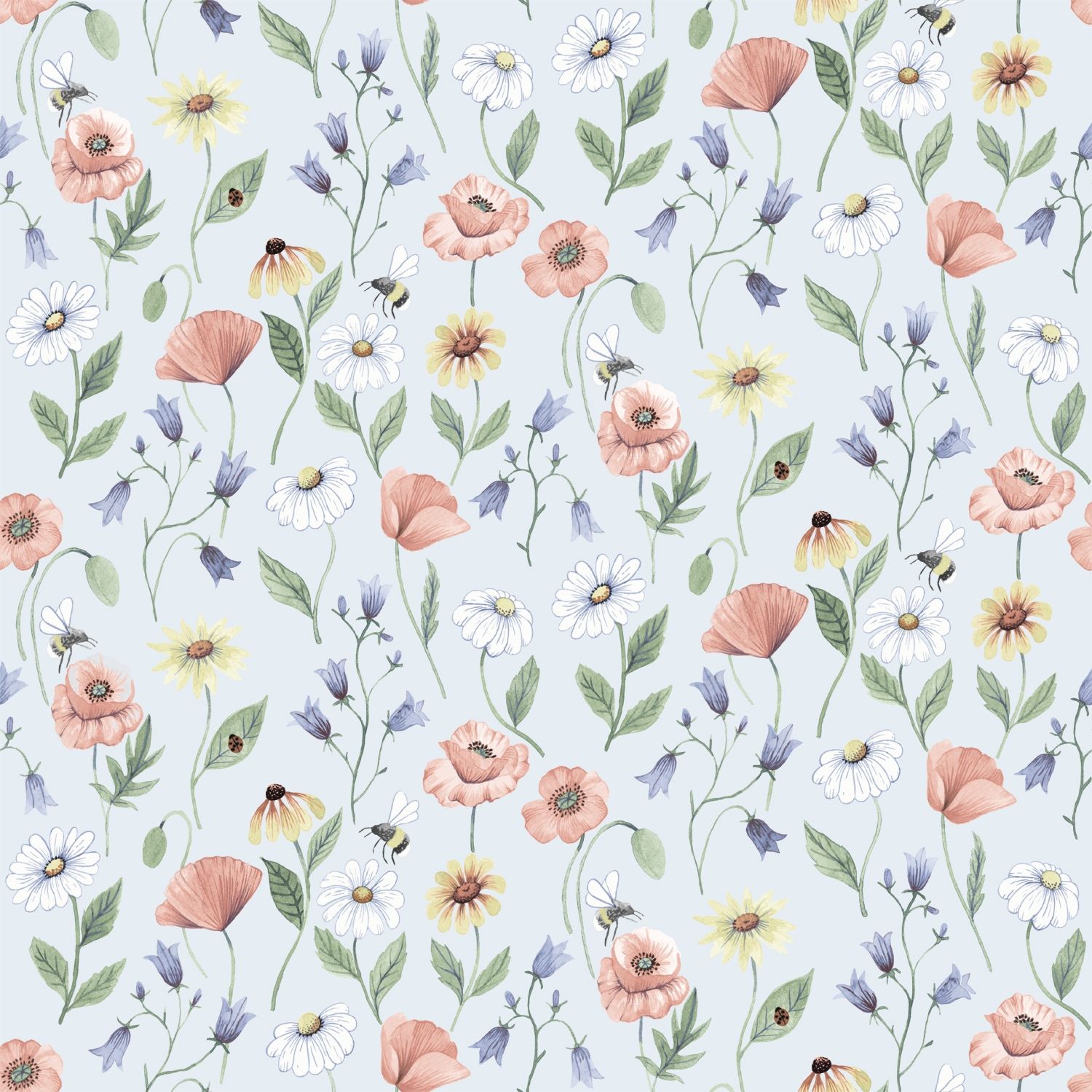 Blåklocka tapet med blommigt mönster i grå och blå. Från kollektionen Rosenlycka. Nonwoven-material med rak passning. Country-stil. Passar i vardagsrum, sovrum och matsal.