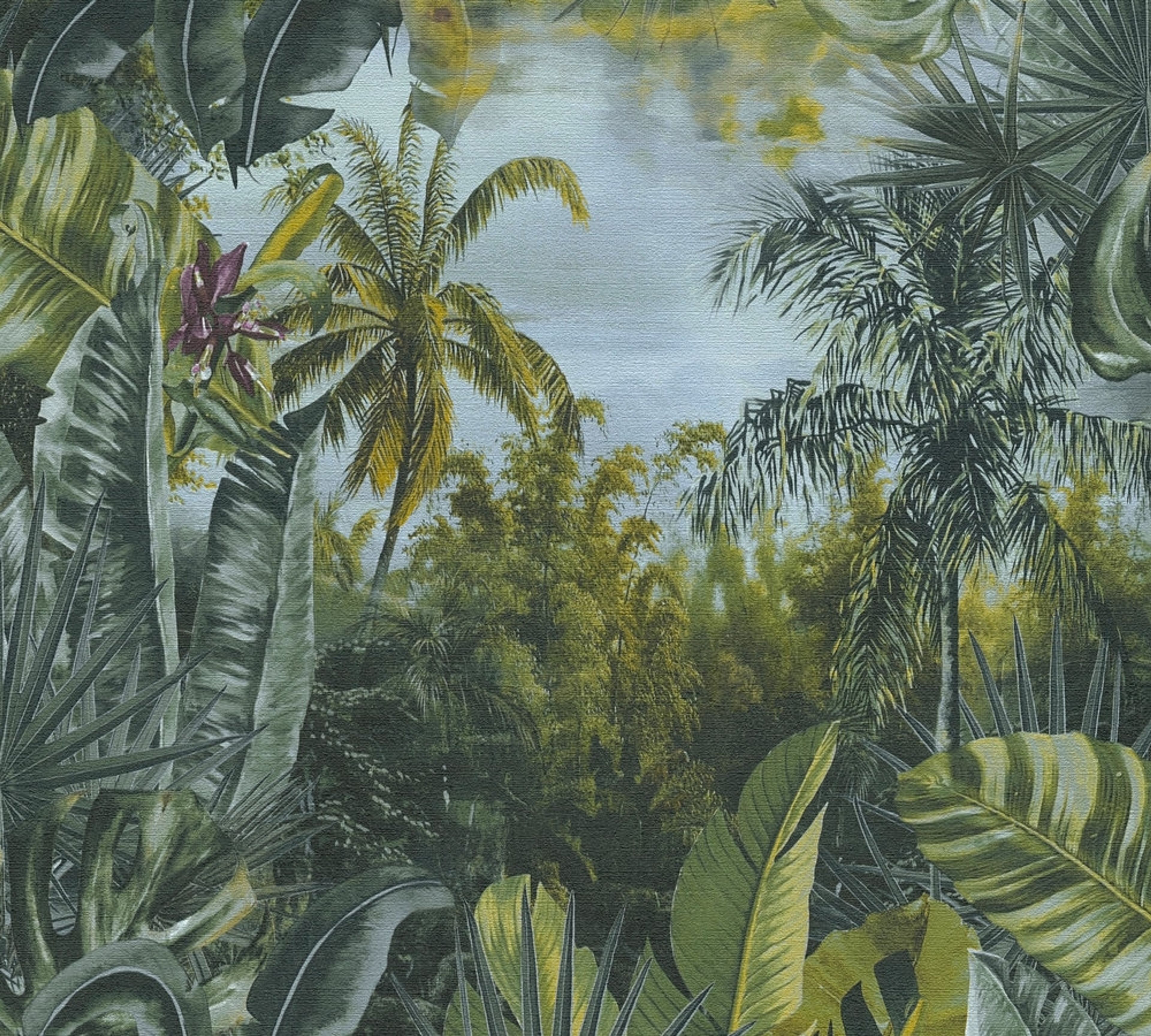Aruba Jungle tapet med botaniskt mönster i grön. Från kollektionen Aruba. Nonwoven-material med förskjuten passning. Passar i vardagsrum och matsal.