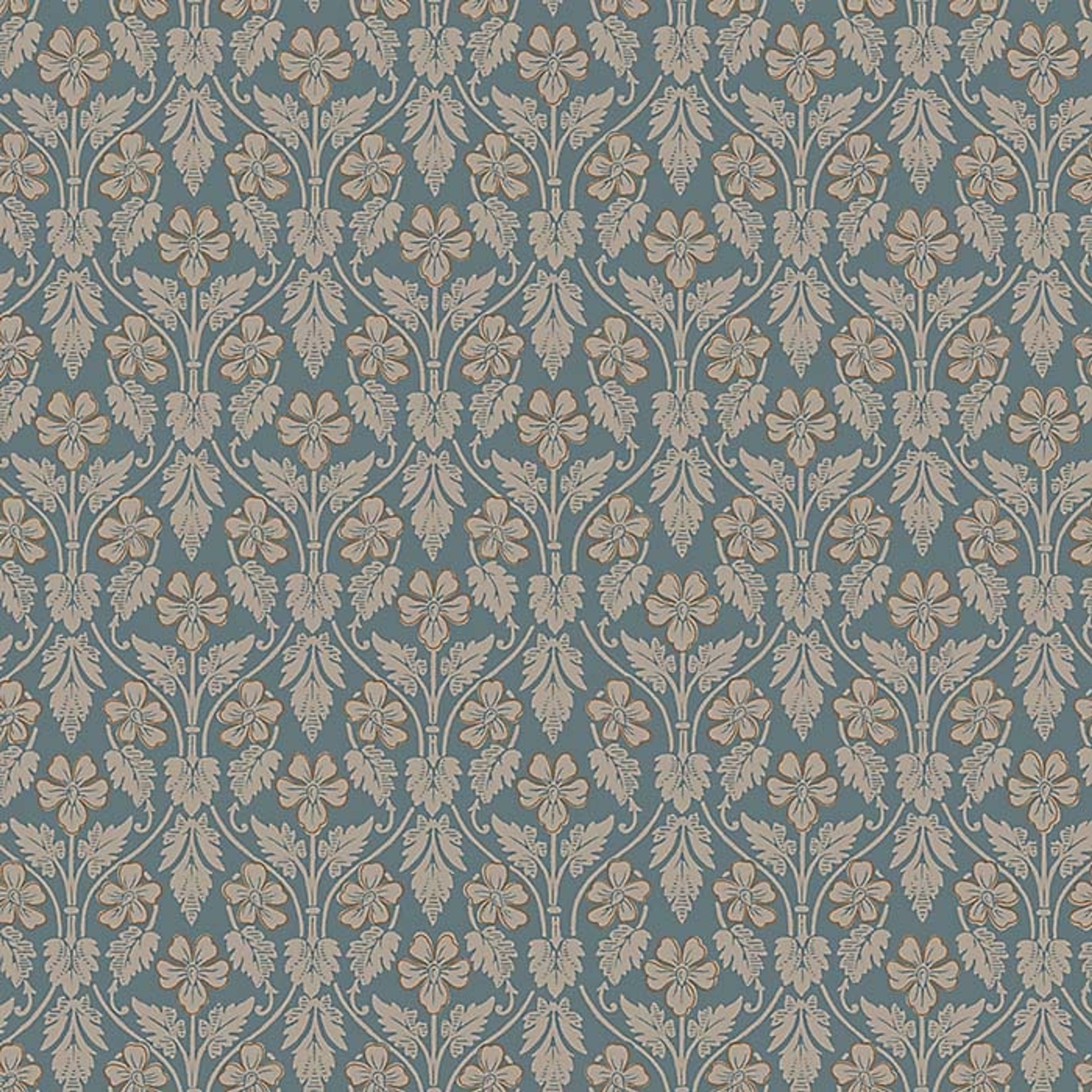Nora, blågrå botten tapet från Boråstapeter med blommigt mönster i blå och beige. Från kollektionen anno. Nonwoven-material med förskjuten passning. Vintage, city-stil. Passar i sovrum och matsal.