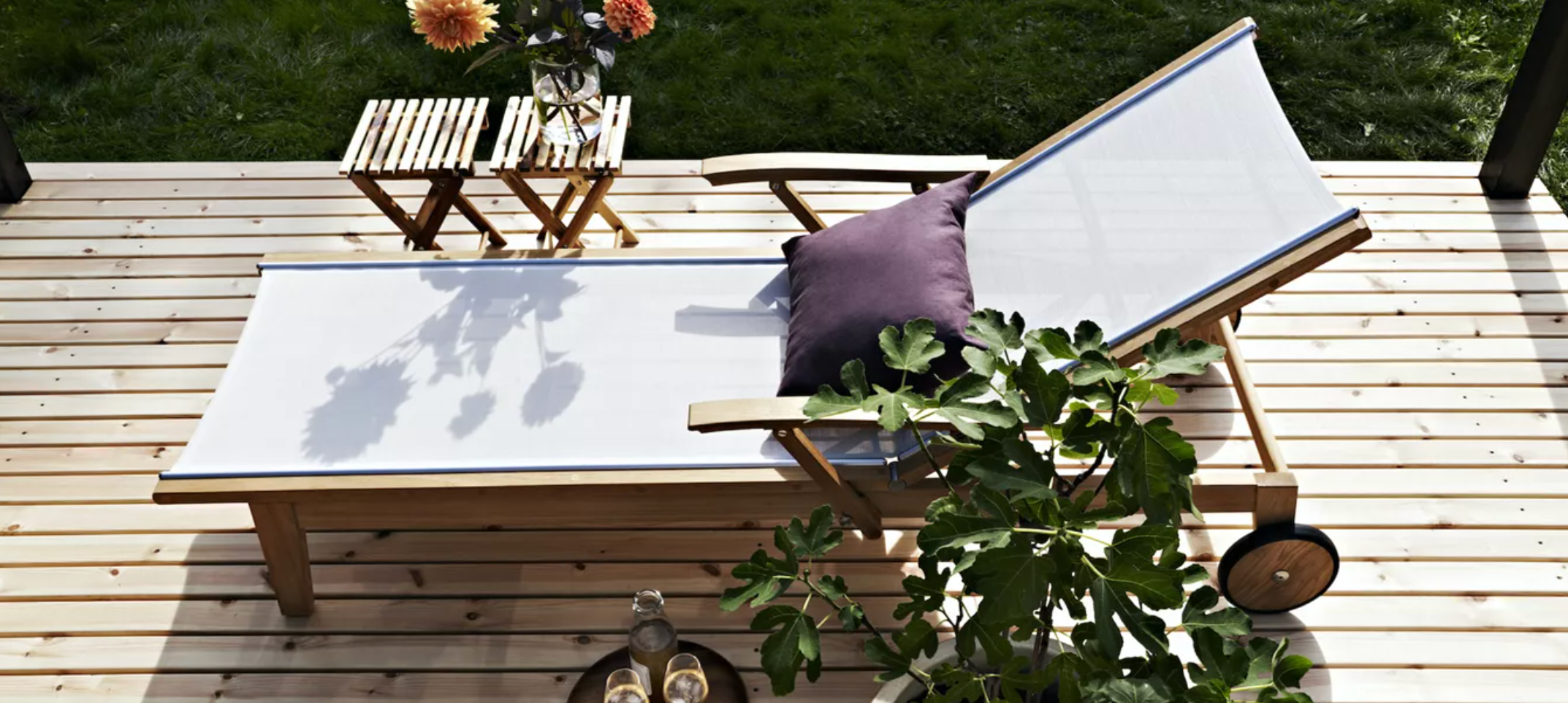A white lounge chair with a purple cushion on a wooden deck next to a potted fig plant.