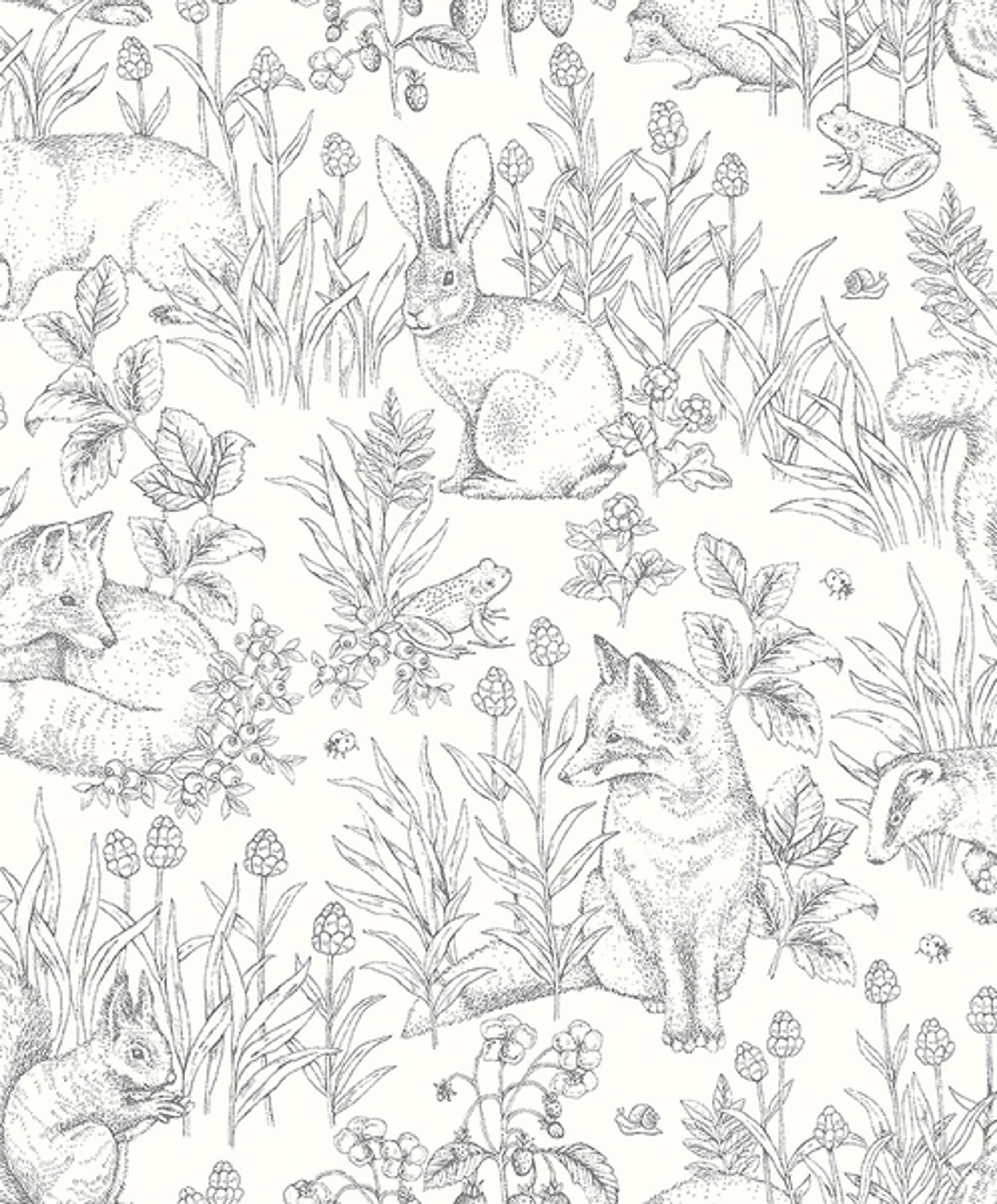 Forest Friends vit, tapet tapet från Boråstapeter med djur, barnrum mönster i vit. Från kollektionen Newbie II Wallpaper. Nonwoven-material med förskjuten passning. Passar i barnrum.