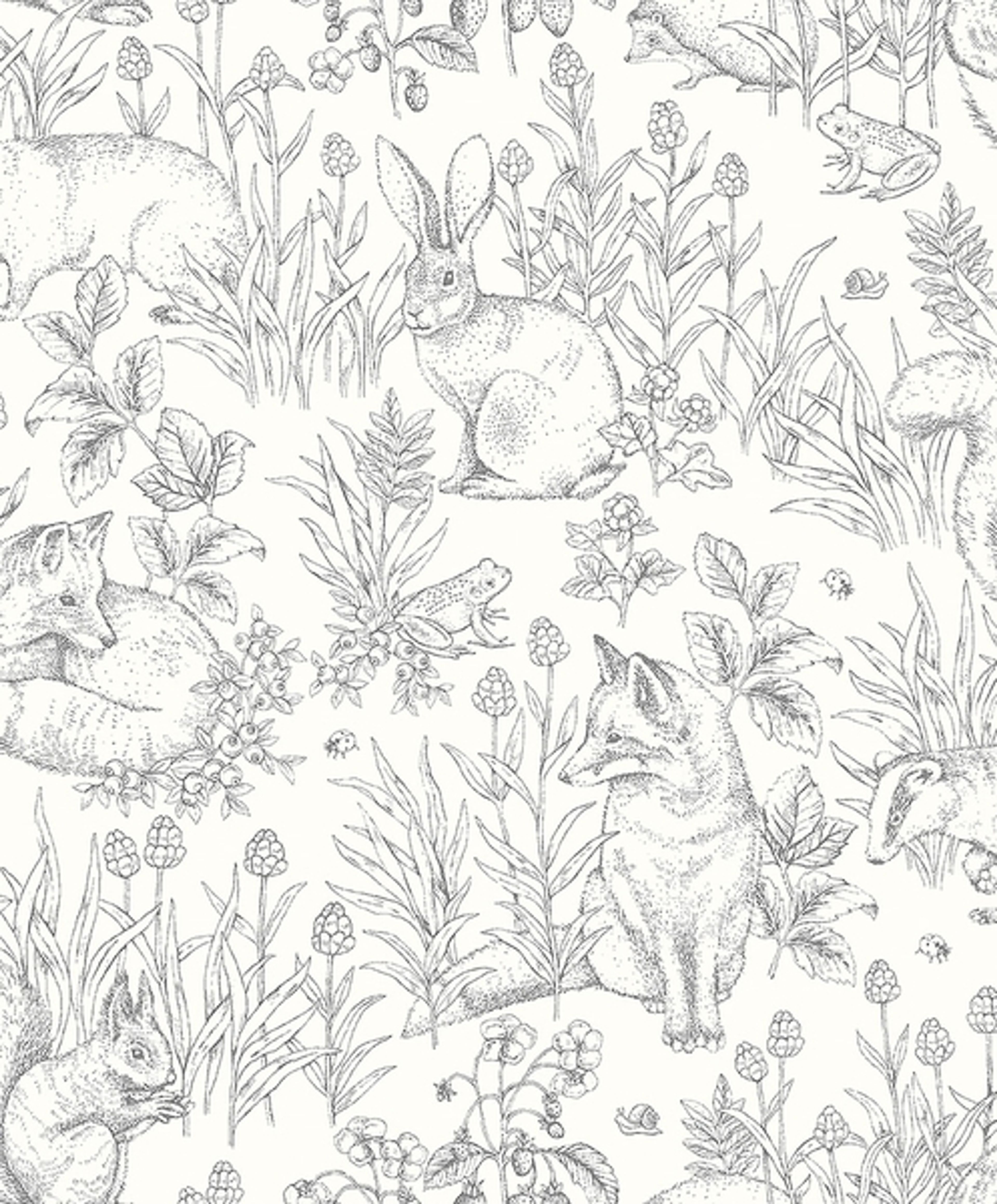 Forest Friends vit, tapet tapet från Boråstapeter med djur, barnrum mönster i vit. Från kollektionen Newbie II Wallpaper. Nonwoven-material med förskjuten passning. Passar i barnrum.