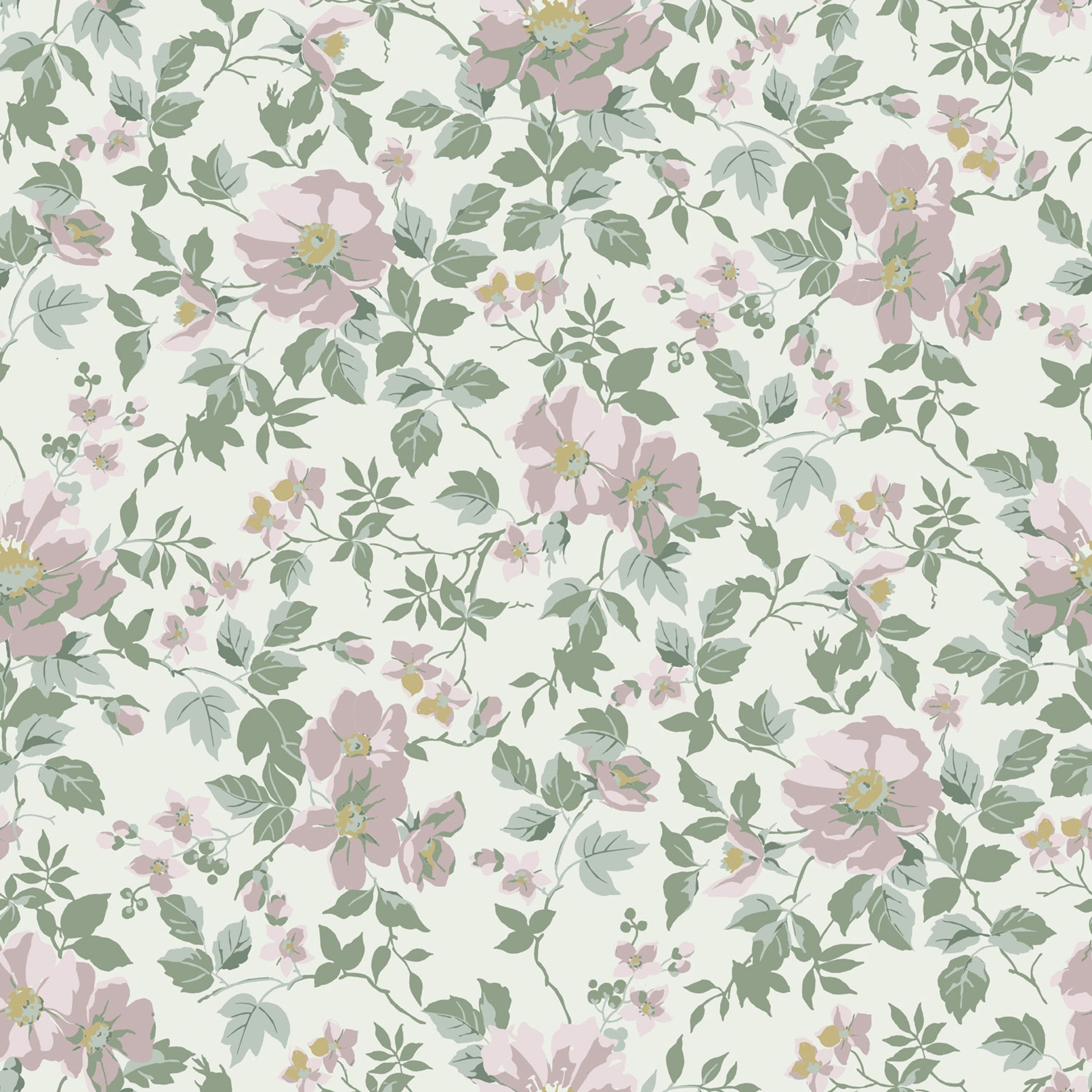 Johanna, ljus tapet tapet med blommigt mönster i vit. Från kollektionen Örtagård. Nonwoven-material med rak passning.