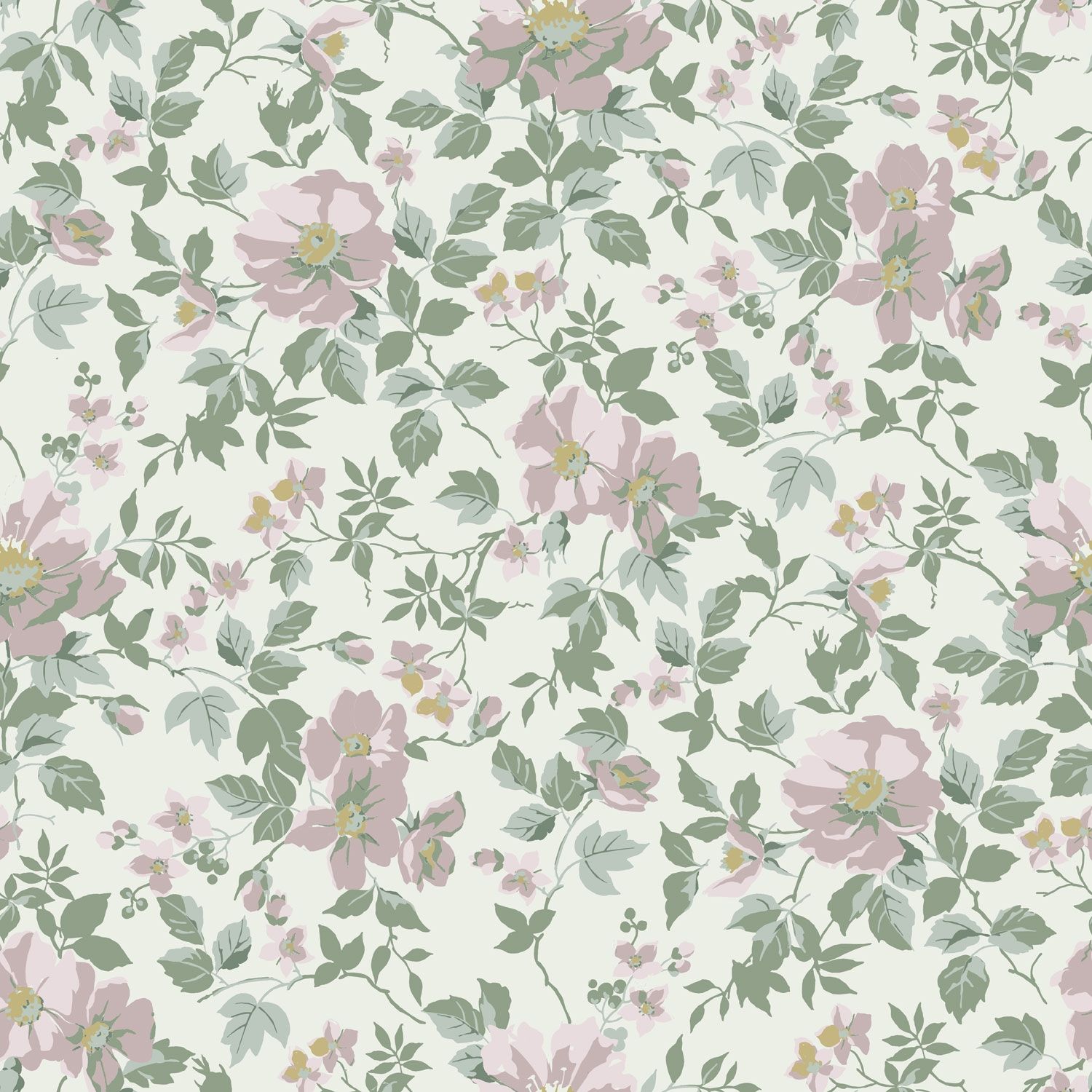 Johanna, ljus tapet tapet med blommigt mönster i vit. Från kollektionen Örtagård. Nonwoven-material med rak passning.