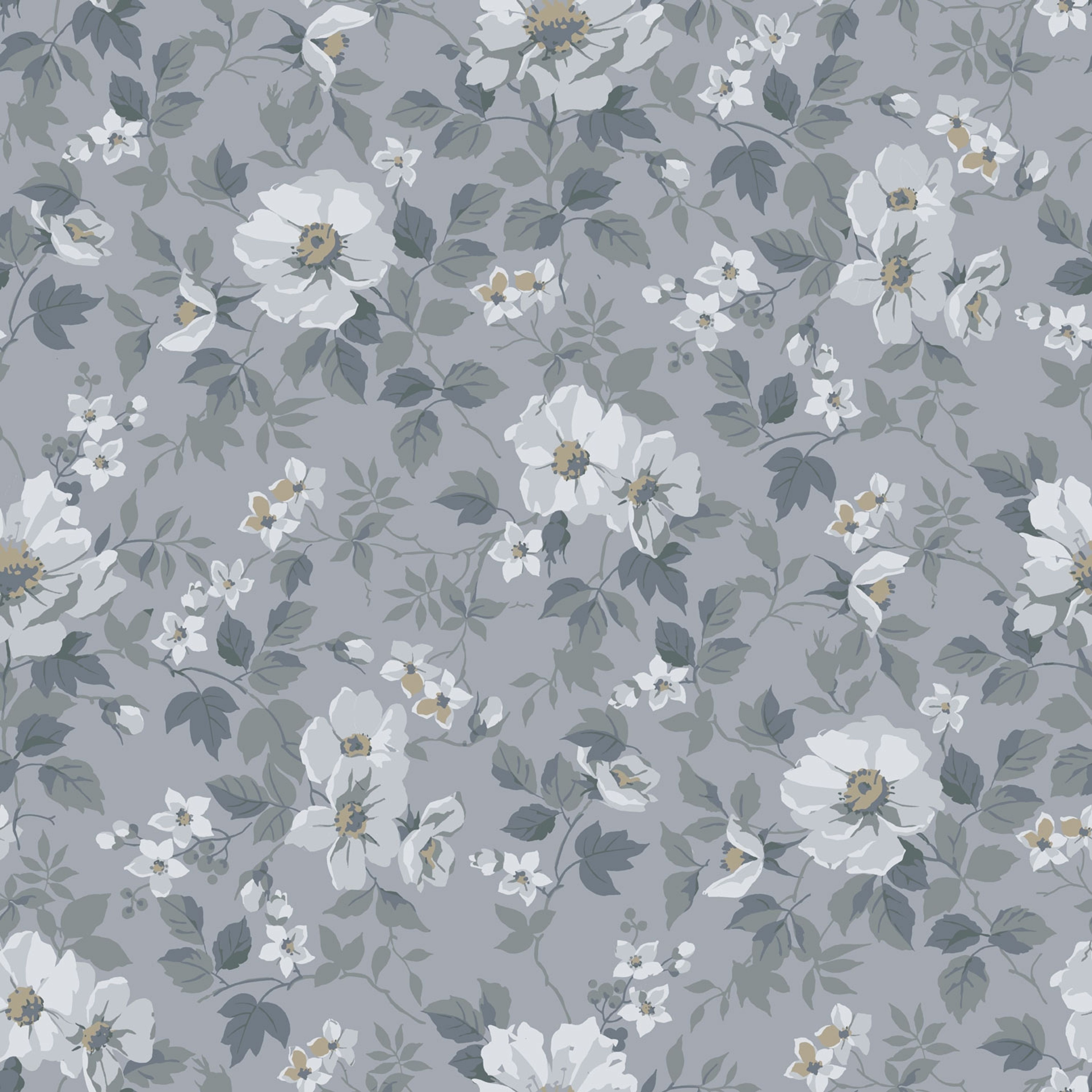 Johanna, blågrå tapet tapet med blommigt mönster i blå. Från kollektionen Örtagård. Nonwoven-material med rak passning.