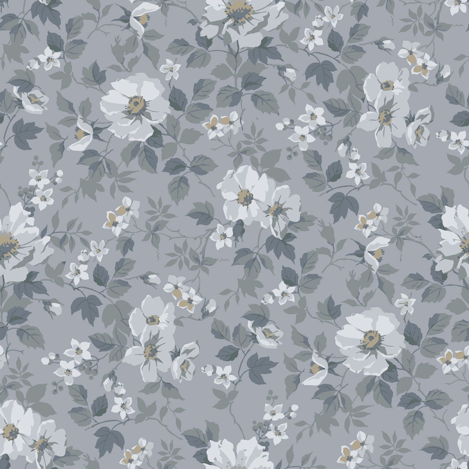 Johanna, blågrå tapet tapet med blommigt mönster i blå. Från kollektionen Örtagård. Nonwoven-material med rak passning.
