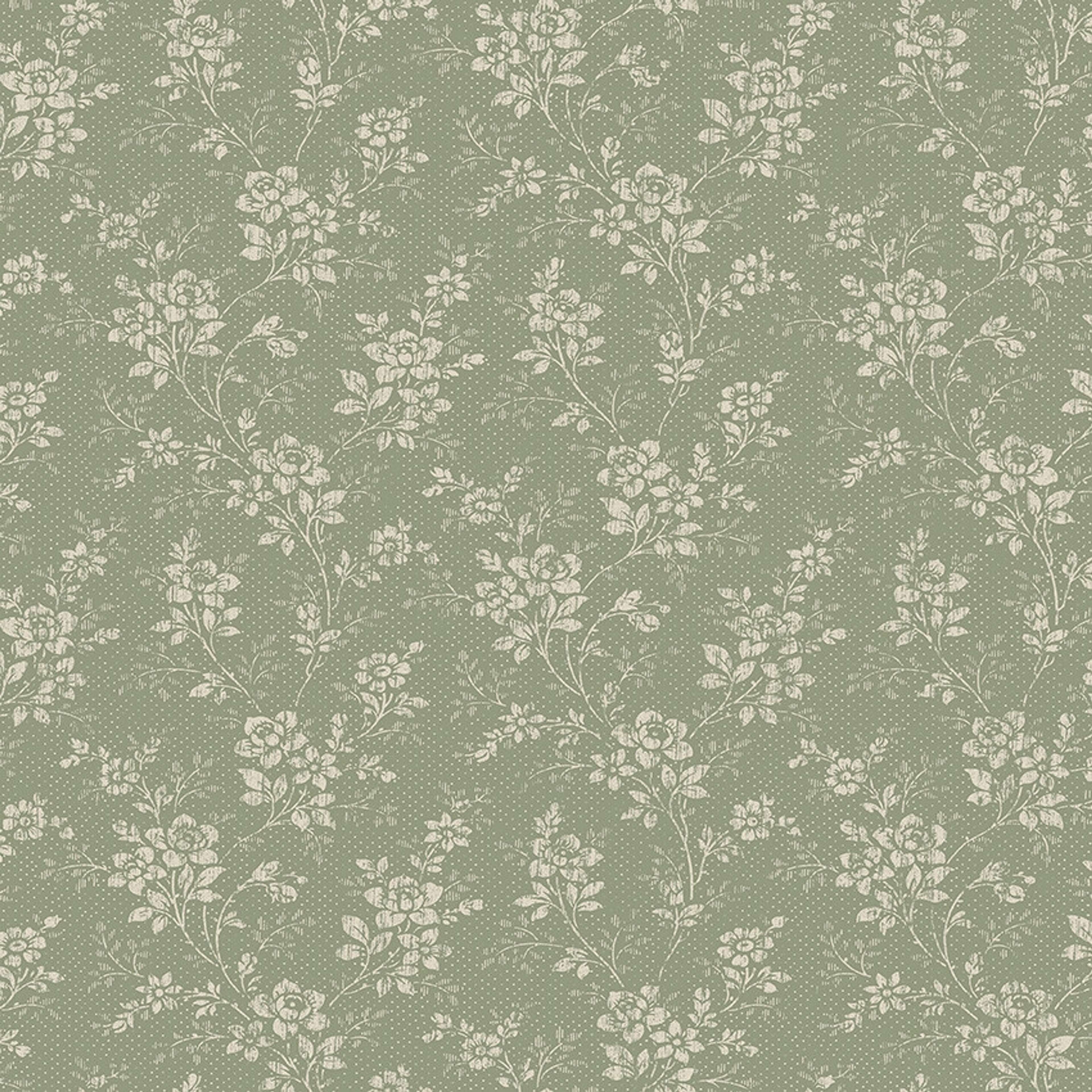 Hip Rose tapet med blommigt mönster i grön. Från kollektionen Woodland. Nonwoven-material med förskjuten passning.