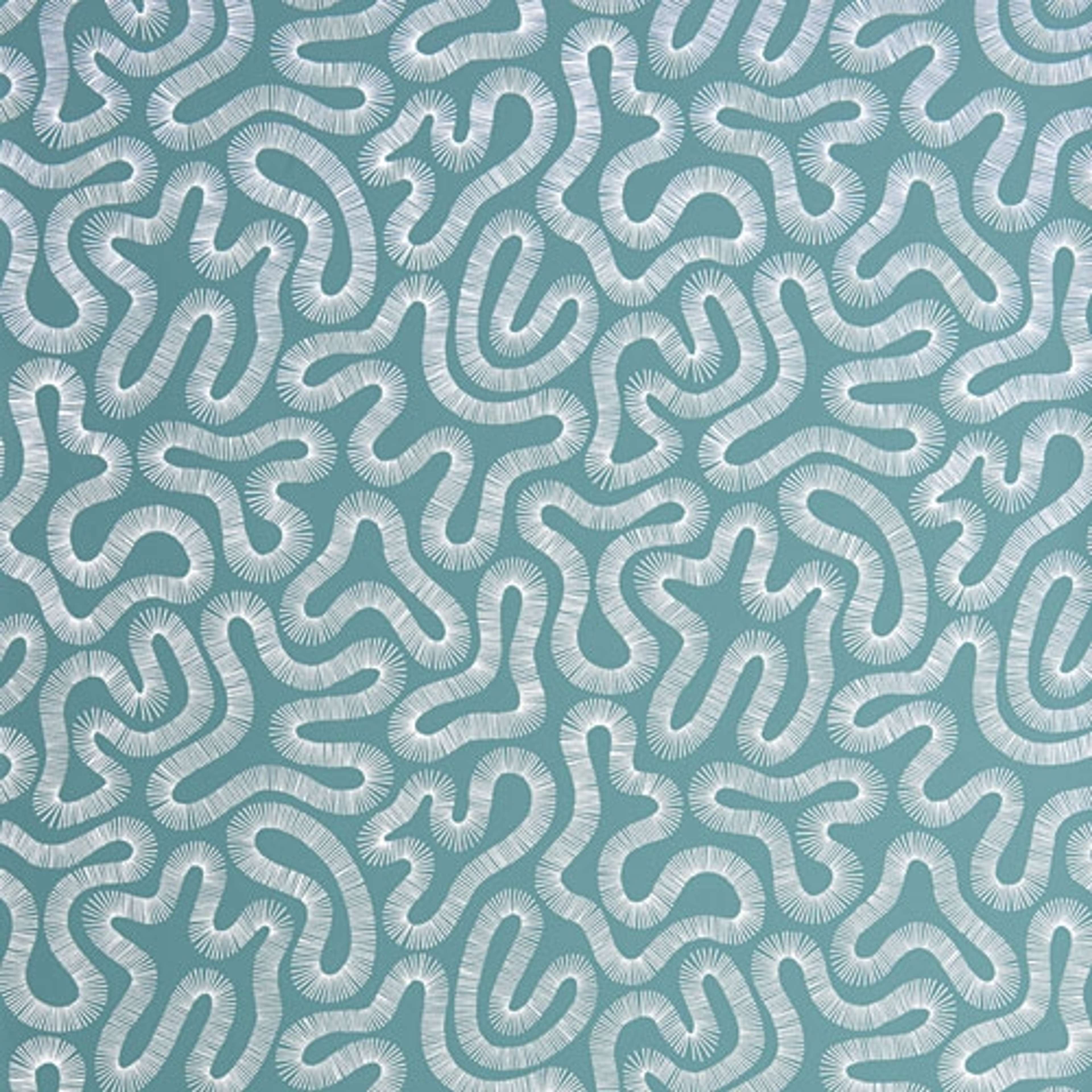 Coral Teal tapet från Midbec med retro mönster i grön. Från kollektionen Pioneer. Nonwoven-material med förskjuten passning.