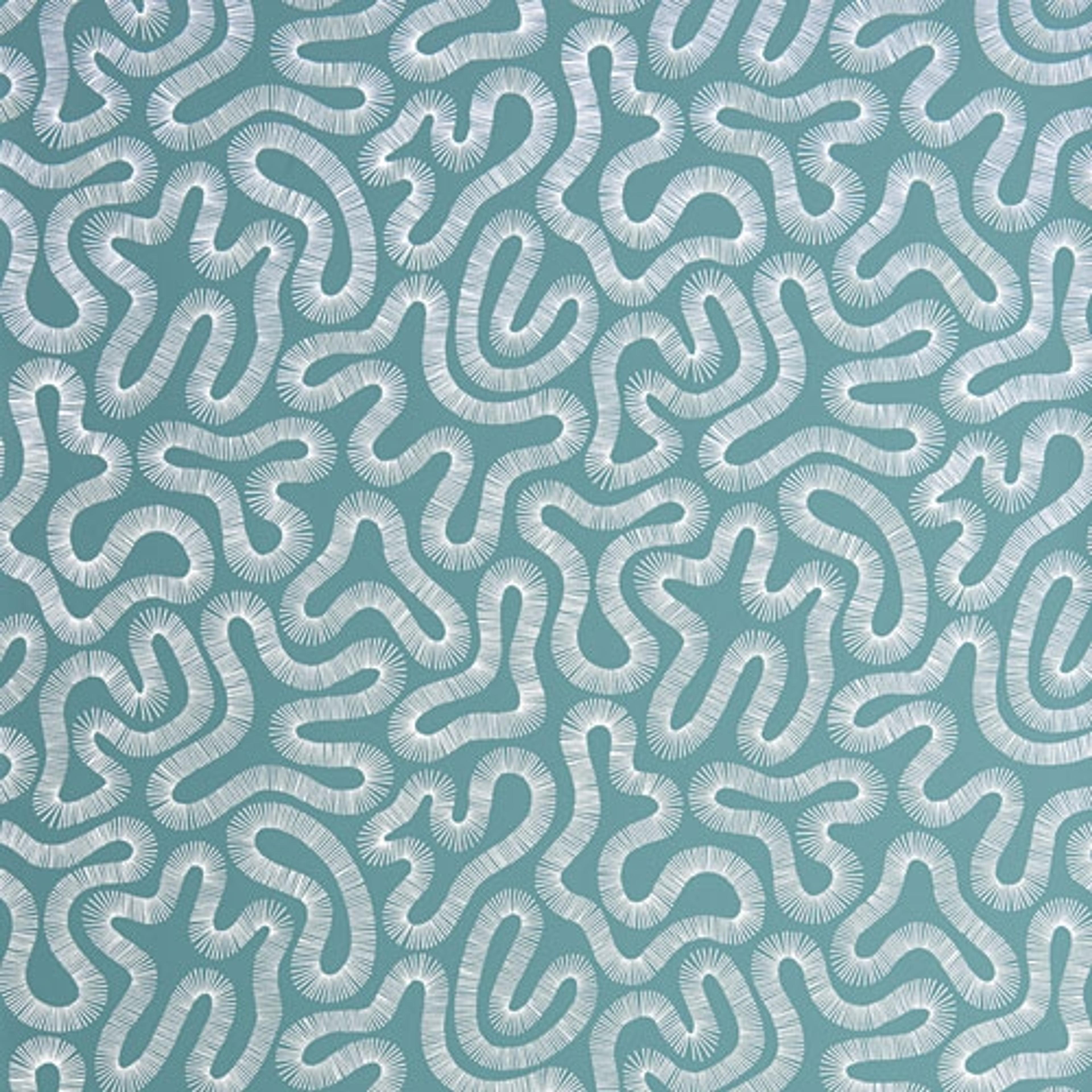 Coral Teal tapet från Midbec med retro mönster i grön. Från kollektionen Pioneer. Nonwoven-material med förskjuten passning.