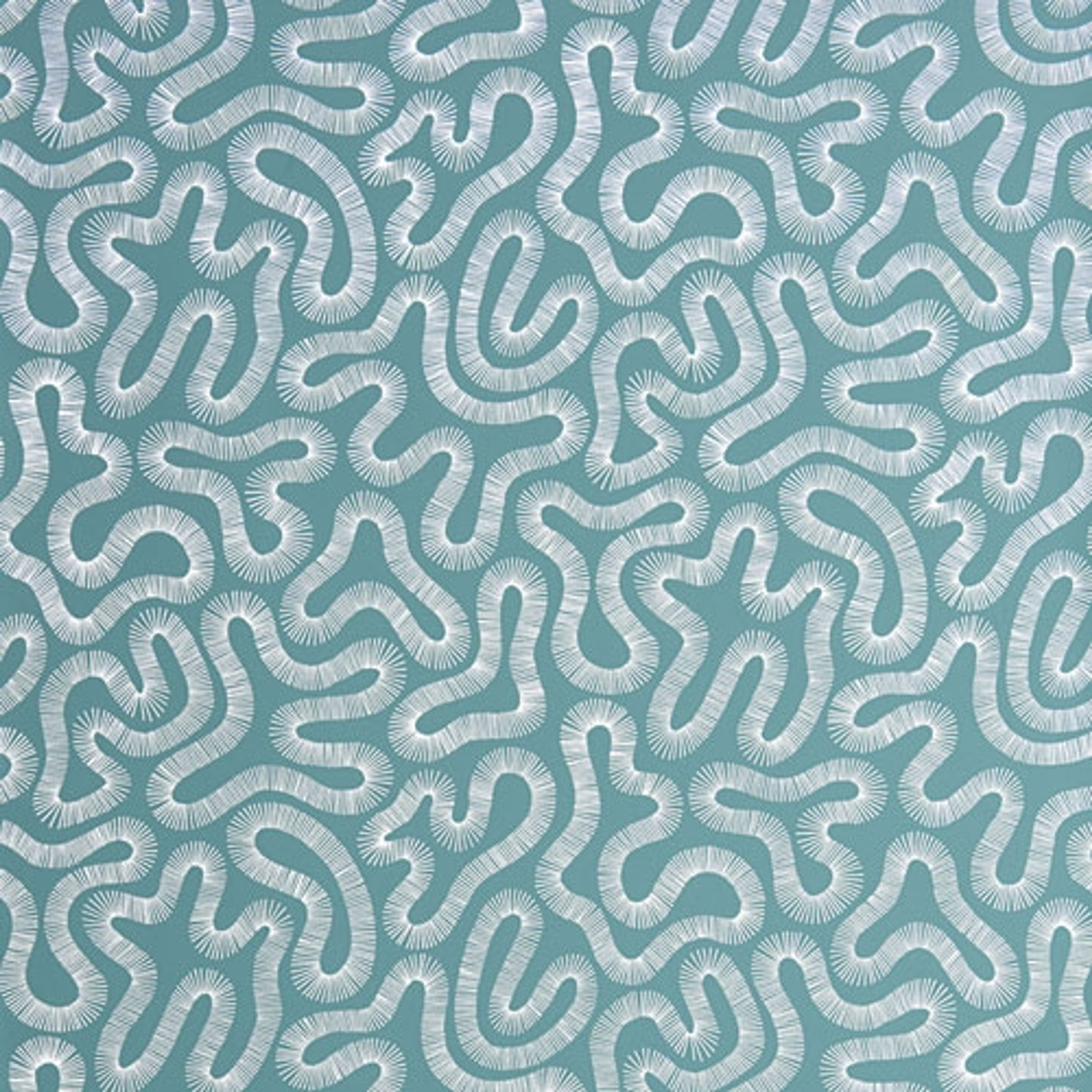 Coral Teal tapet från Midbec med retro mönster i grön. Från kollektionen Pioneer. Nonwoven-material med förskjuten passning.