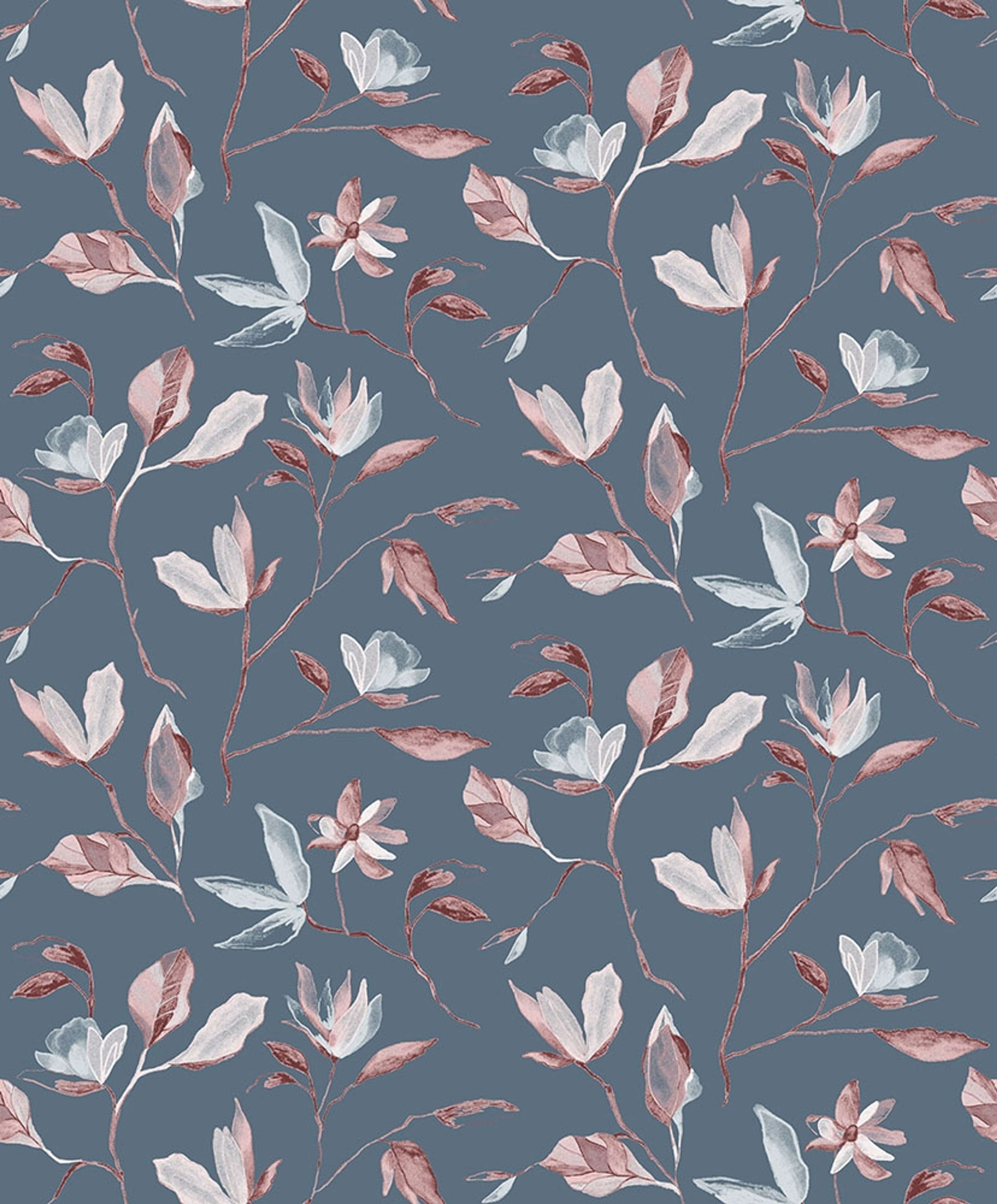 Blooming, blå tapet tapet med botaniskt mönster i blå. Från kollektionen Aquila. Nonwoven-material med förskjuten passning.