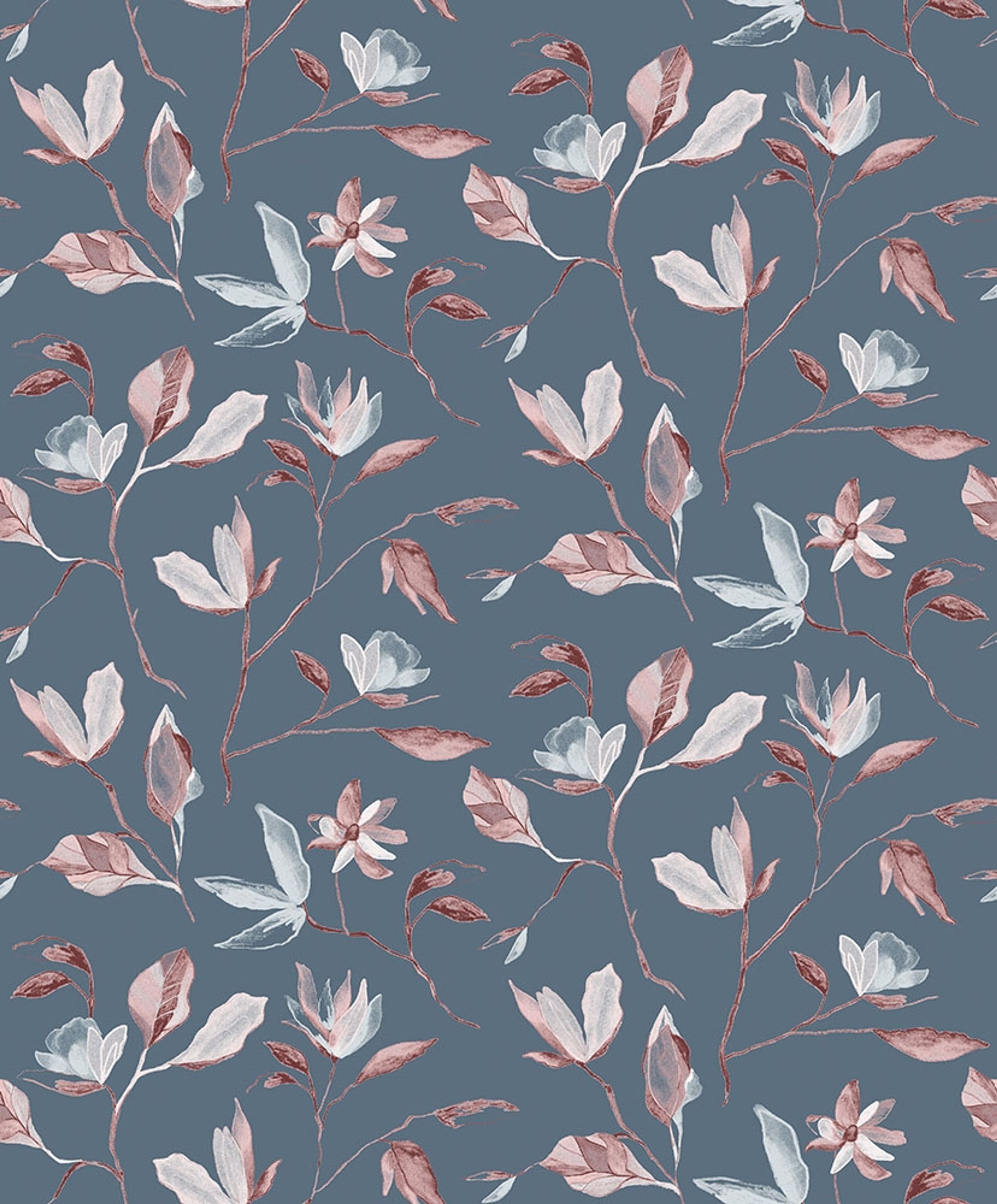 Blooming, blå tapet tapet med botaniskt mönster i blå. Från kollektionen Aquila. Nonwoven-material med förskjuten passning.