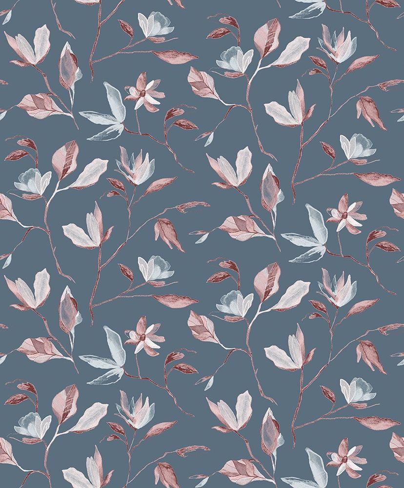 Blooming, blå tapet tapet med botaniskt mönster i blå. Från kollektionen Aquila. Nonwoven-material med förskjuten passning.