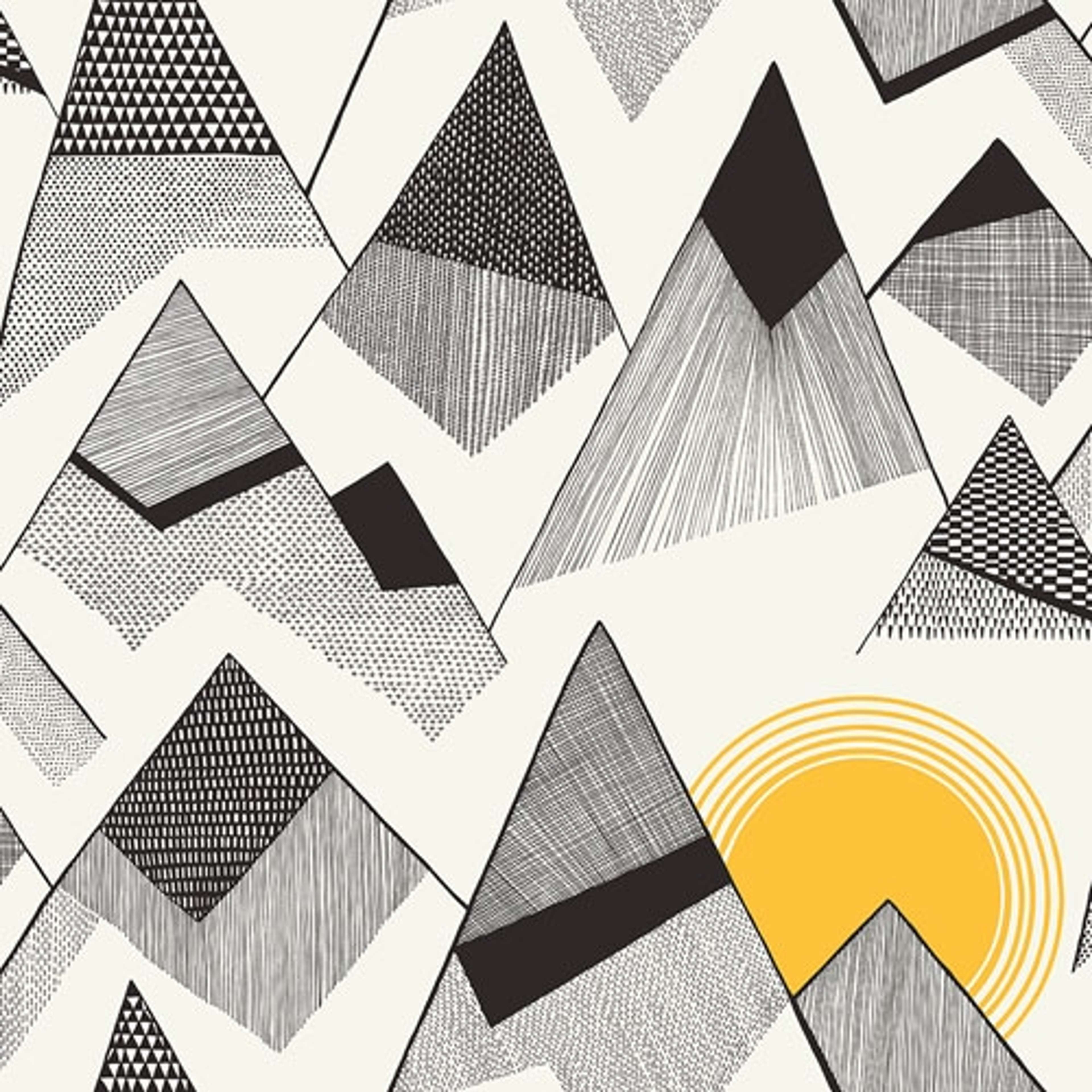 Mountains Sunrise tapet från Midbec med grafiskt, retro mönster i vit. Från kollektionen Kinfolk. Nonwoven-material med förskjuten passning.