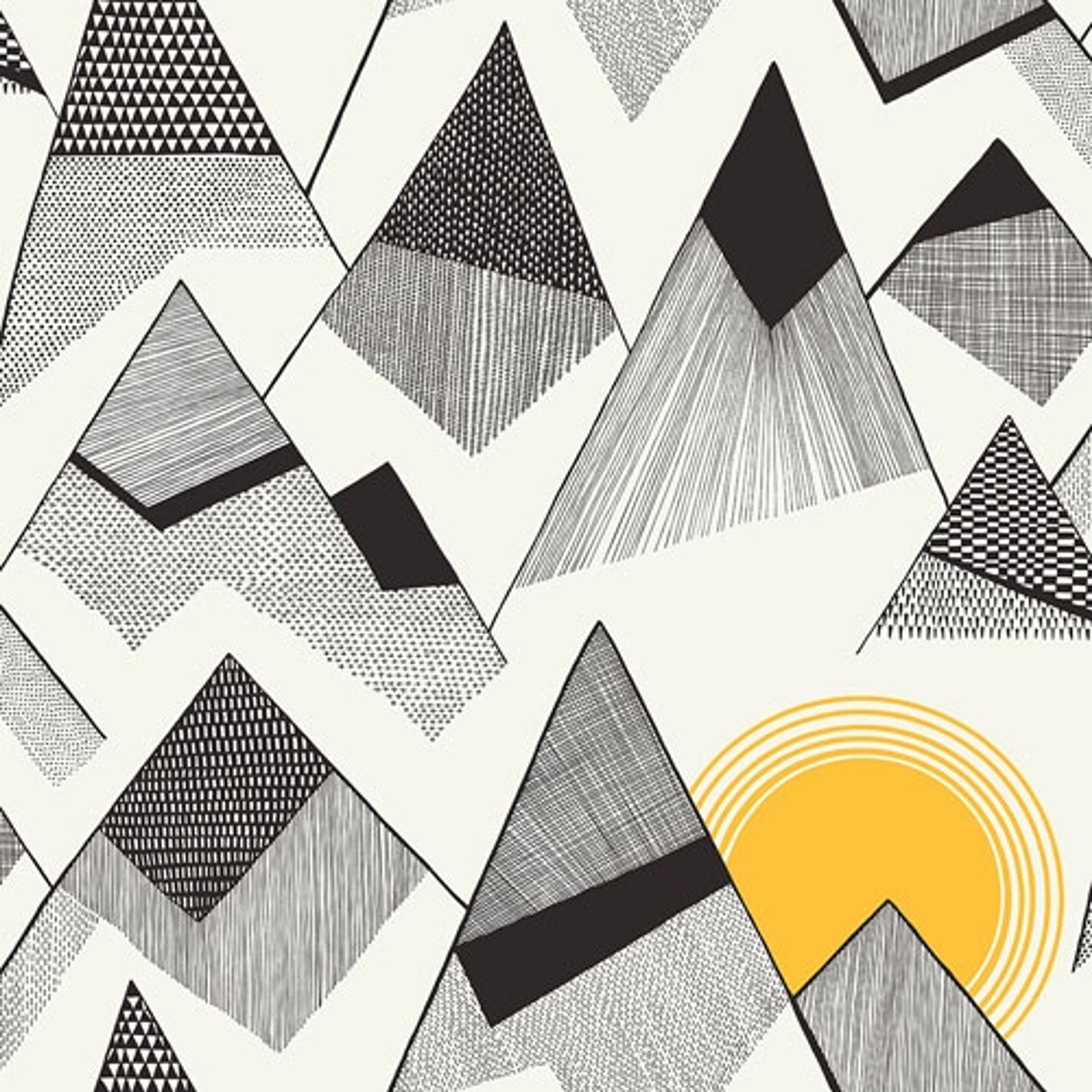 Mountains Sunrise tapet från Midbec med grafiskt, retro mönster i vit. Från kollektionen Kinfolk. Nonwoven-material med förskjuten passning.