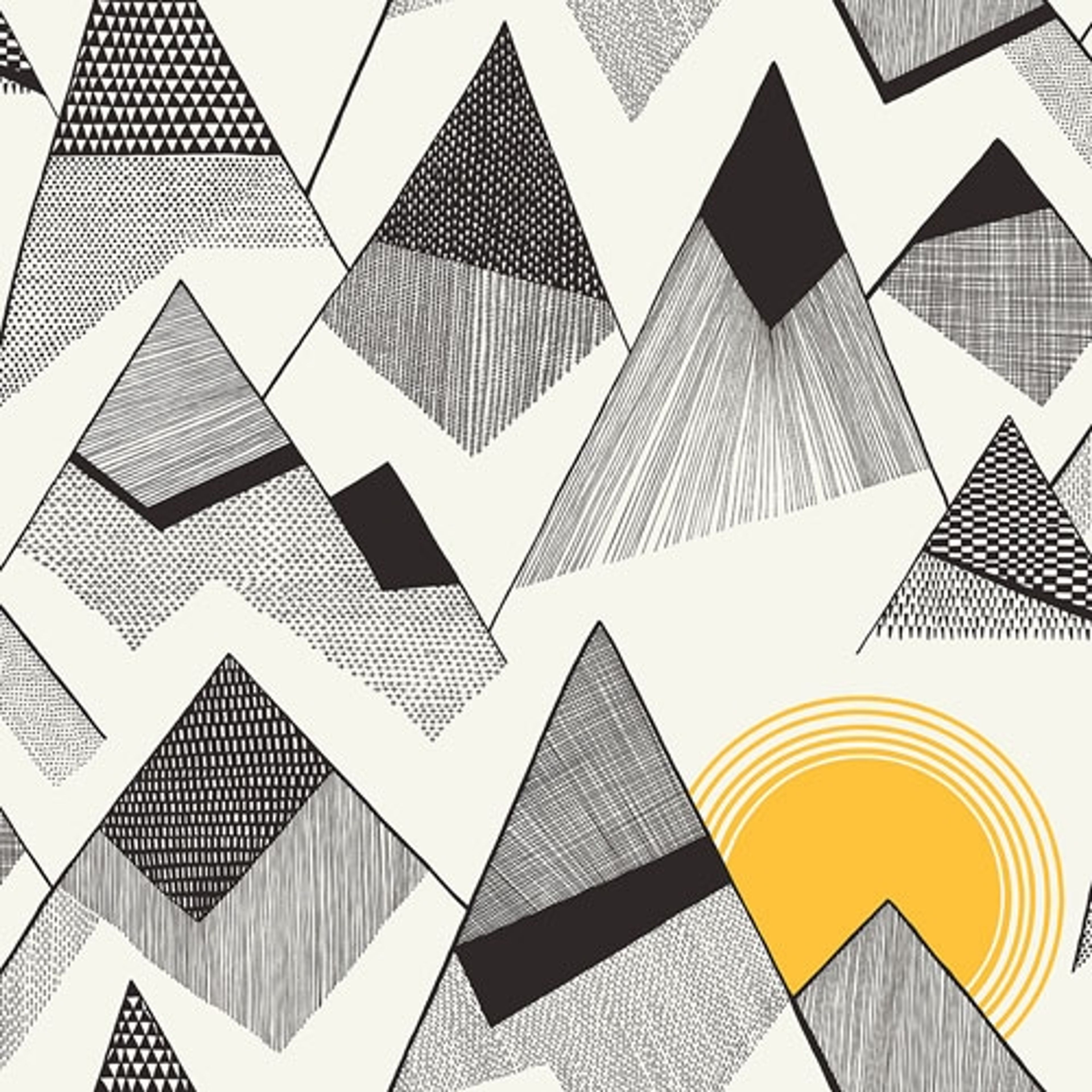 Mountains Sunrise tapet från Midbec med grafiskt, retro mönster i vit. Från kollektionen Kinfolk. Nonwoven-material med förskjuten passning.