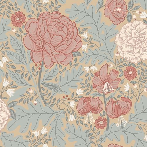 Camille storblommig, aprikos tapet från Midbec med blommigt mönster i rosa. Från kollektionen Ekbacka. Nonwoven-material med förskjuten passning.