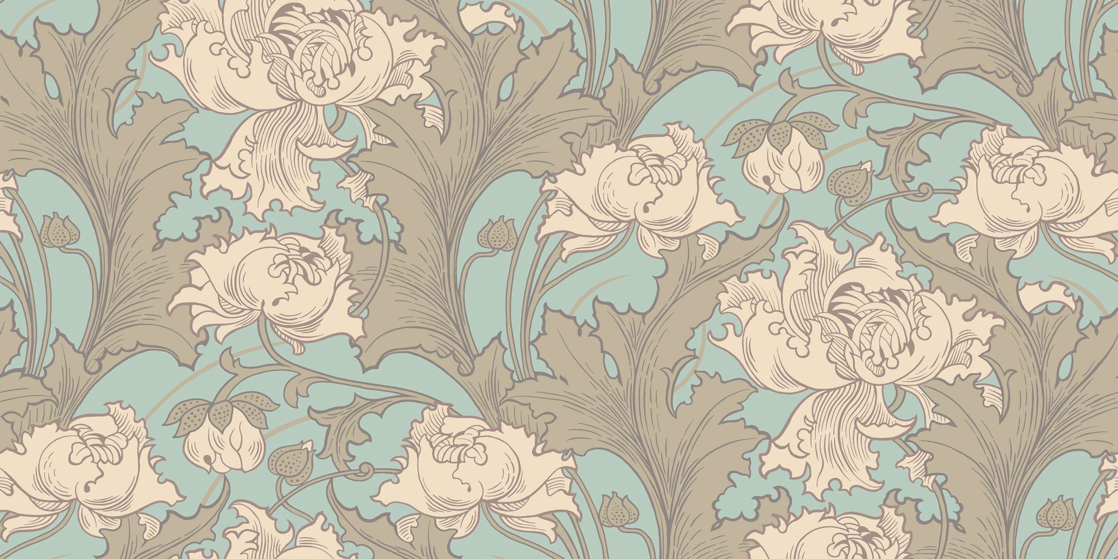 Siri tapet från Boråstapeter med botaniskt mönster i turkos och beige. Från kollektionen anno. Nonwoven-material med förskjuten passning. Vintage, lyx, country-stil. Passar i sovrum och matsal.