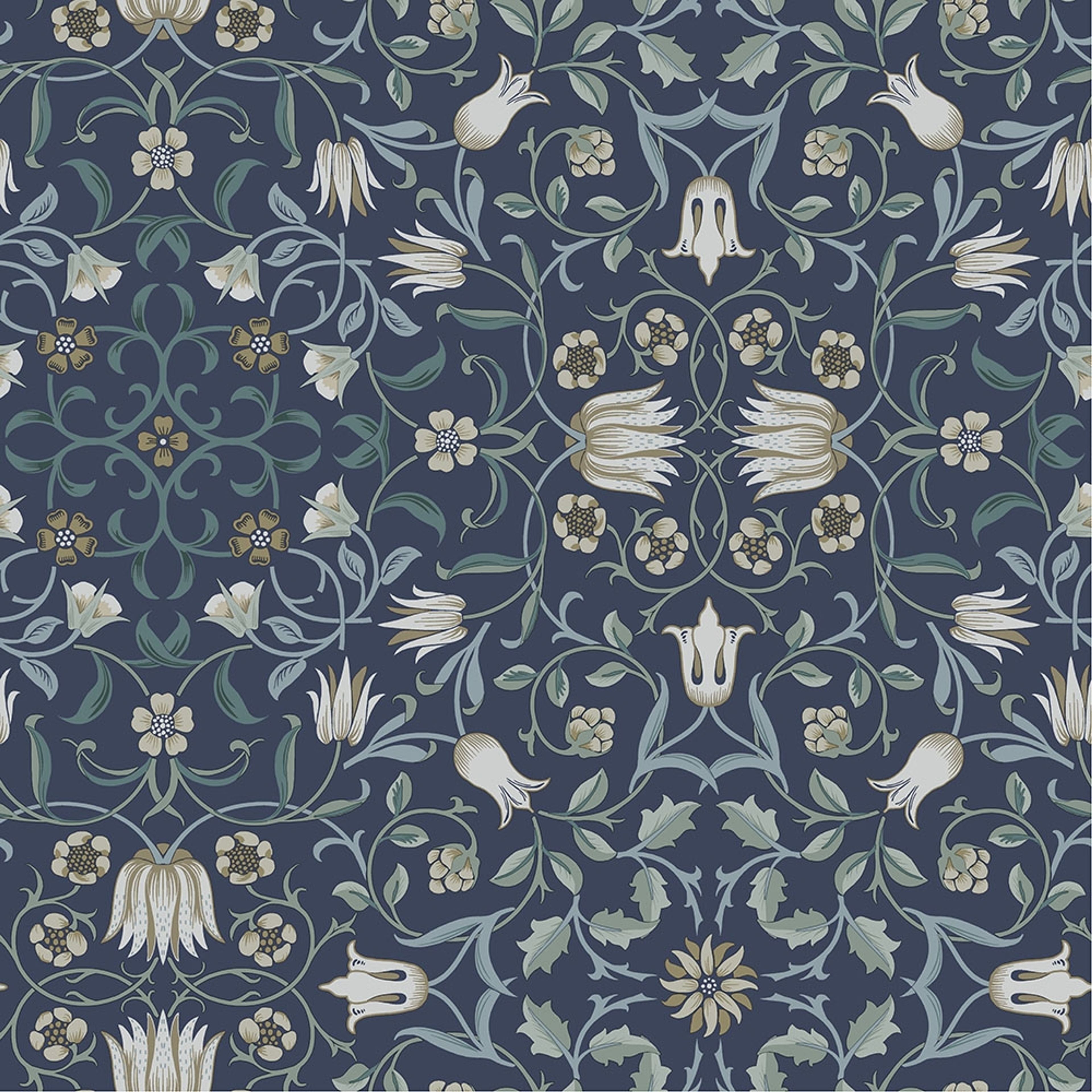 No 1 Holland Park, blå tapet tapet från Midbec med botaniskt, blommigt mönster i blå. Från kollektionen Hidden Treasures vol 1. Nonwoven-material med rak passning.