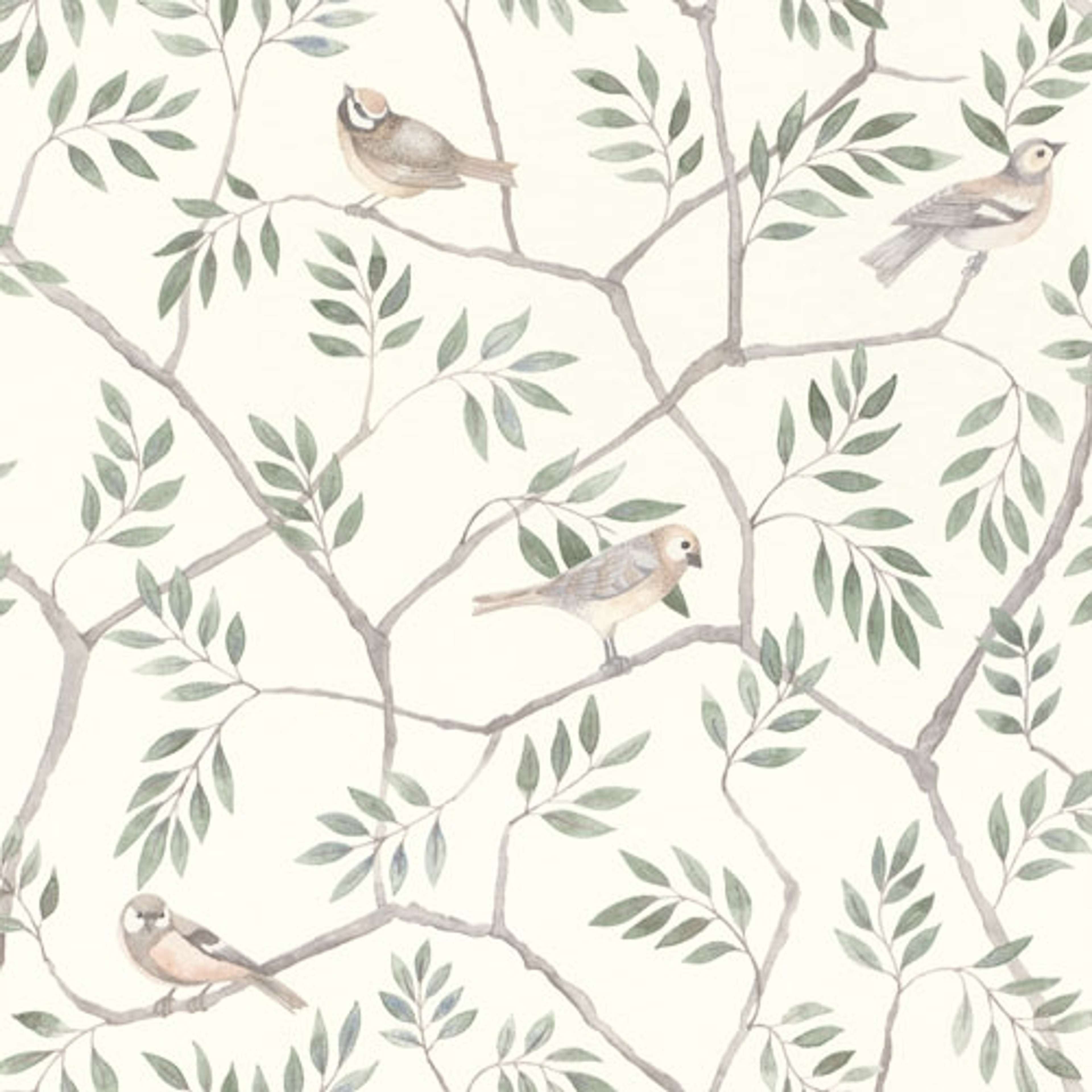 August småfåglar på trädgrenar i brunt, grönt och grått tapet från Midbec med botaniskt mönster i vit och grön. Från kollektionen Morgongåva. Nonwoven-material med förskjuten passning.