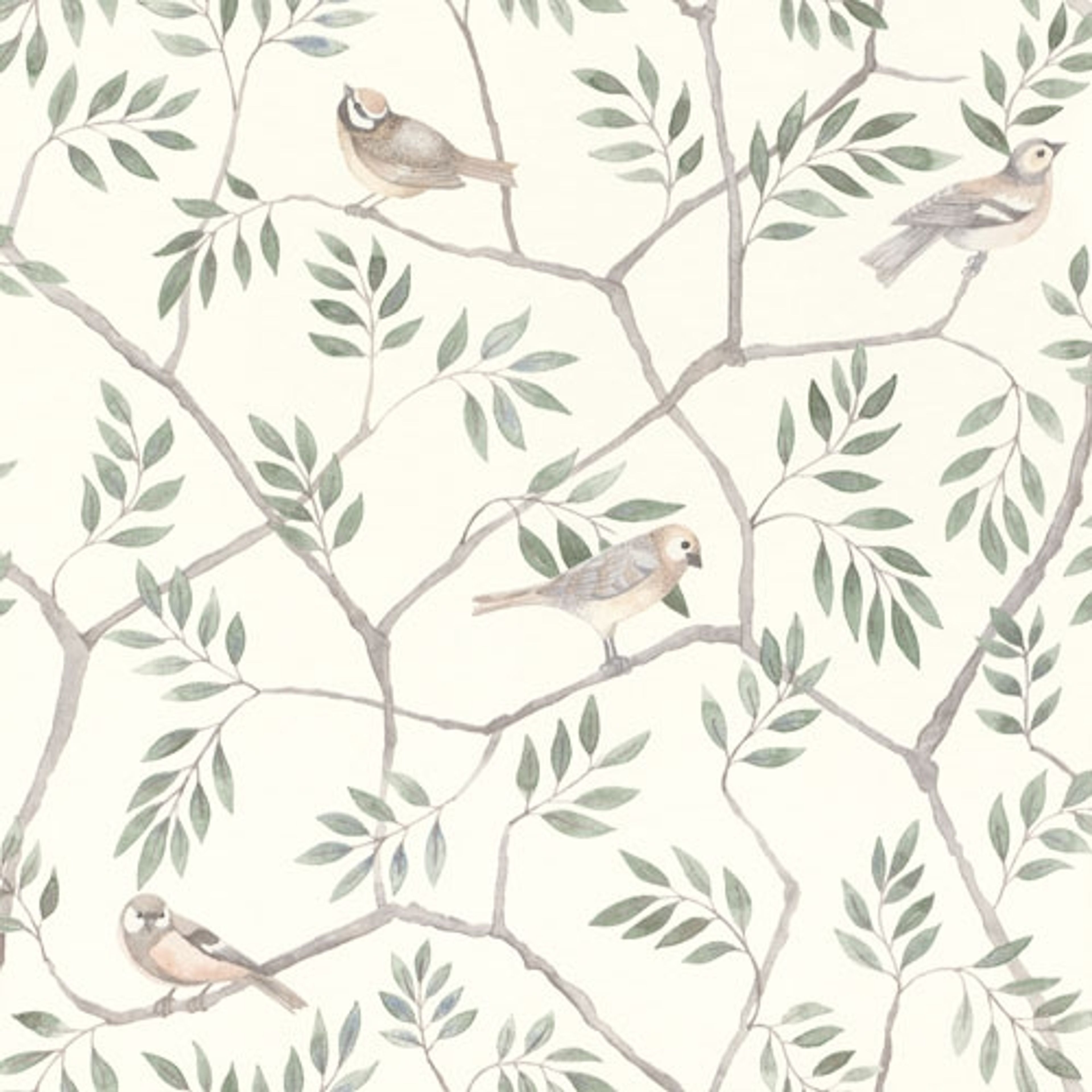 August småfåglar på trädgrenar i brunt, grönt och grått tapet från Midbec med botaniskt mönster i vit och grön. Från kollektionen Morgongåva. Nonwoven-material med förskjuten passning.