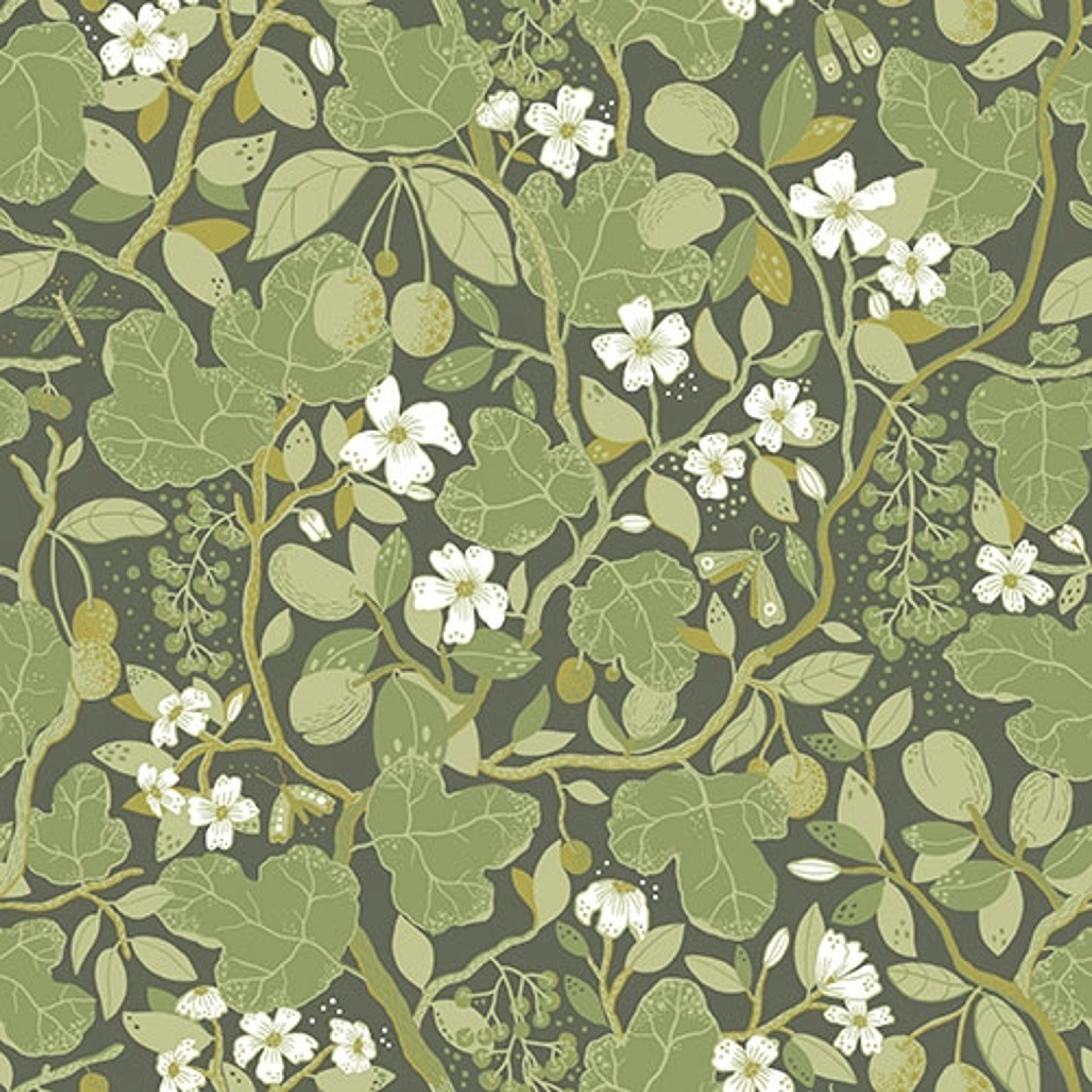 Ewald, grön tapet med botaniskt mönster i grön. Från kollektionen Lina 2. Nonwoven-material med rak passning.