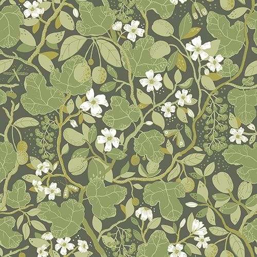 Ewald, grön tapet med botaniskt mönster i grön. Från kollektionen Lina 2. Nonwoven-material med rak passning.