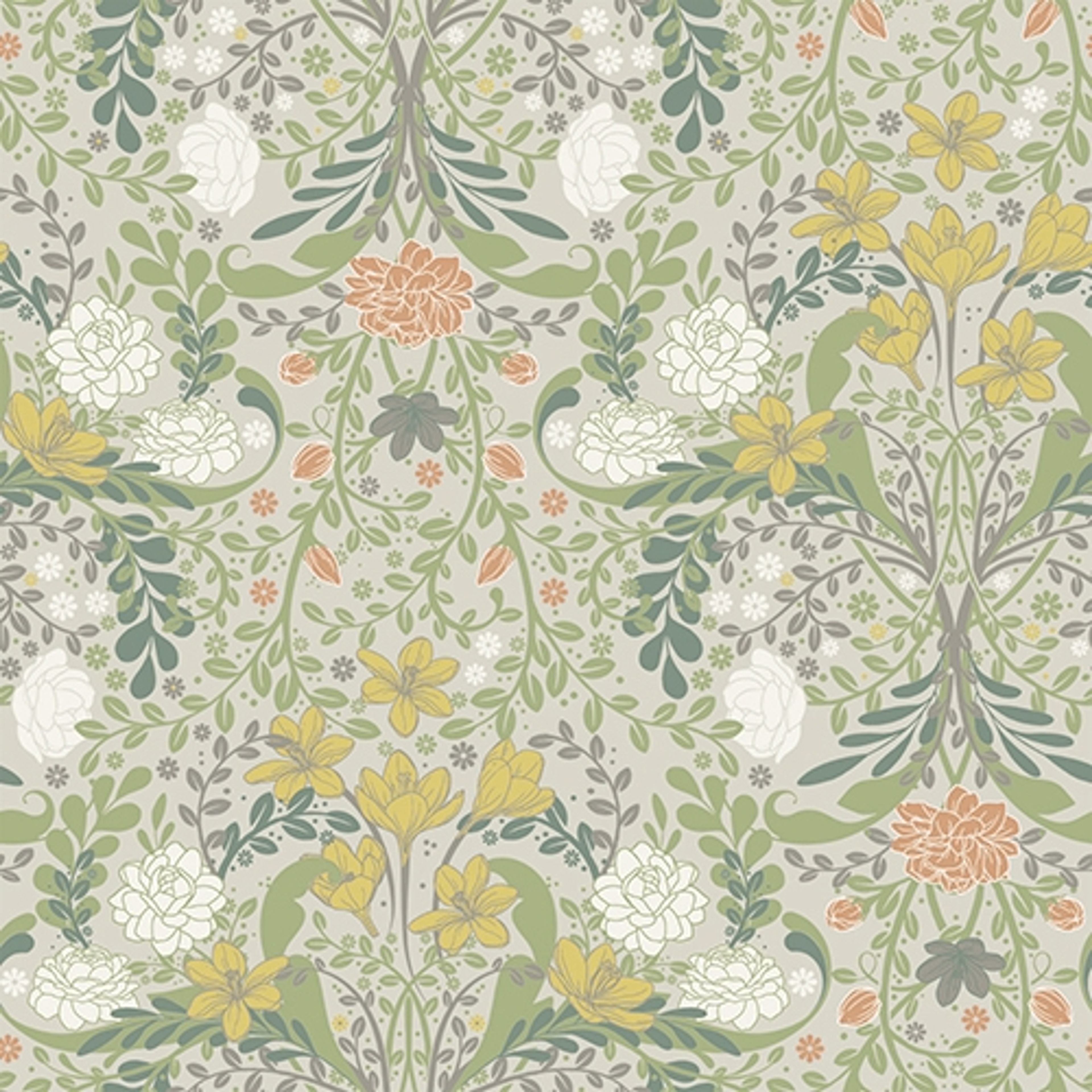 Sunnanö Frösö, grå tapet med blommigt mönster i grön och beige. Från kollektionen Sunnanö. Nonwoven-material med rak passning. Country-stil.