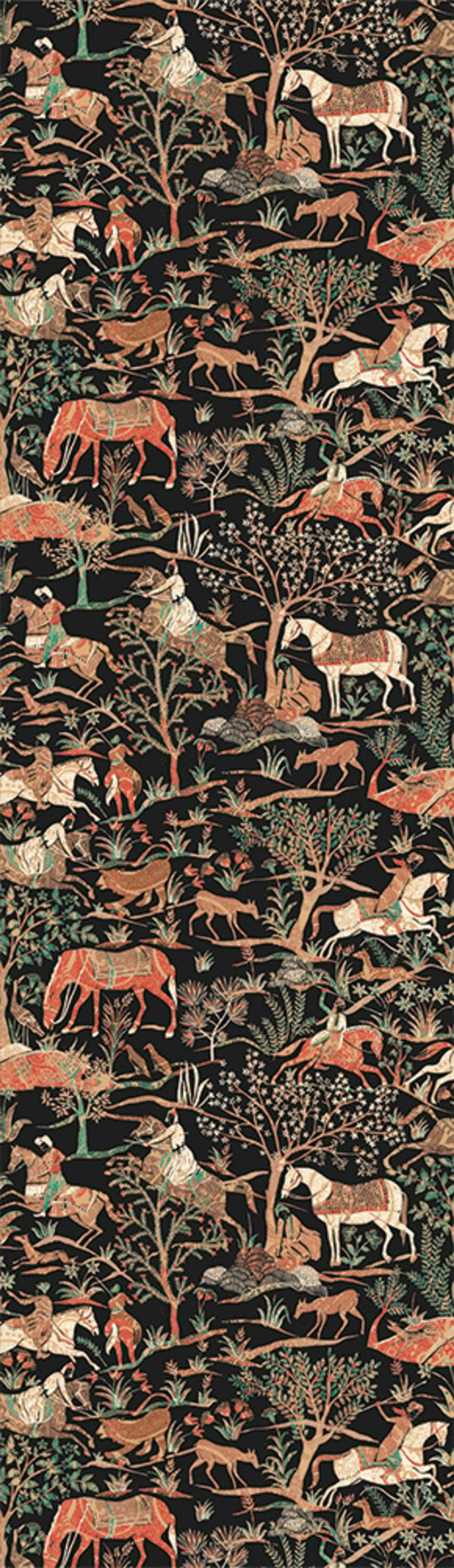 Marwari Teal tapet med djur, botaniskt mönster i svart. Från kollektionen Summer. Nonwoven-material.
