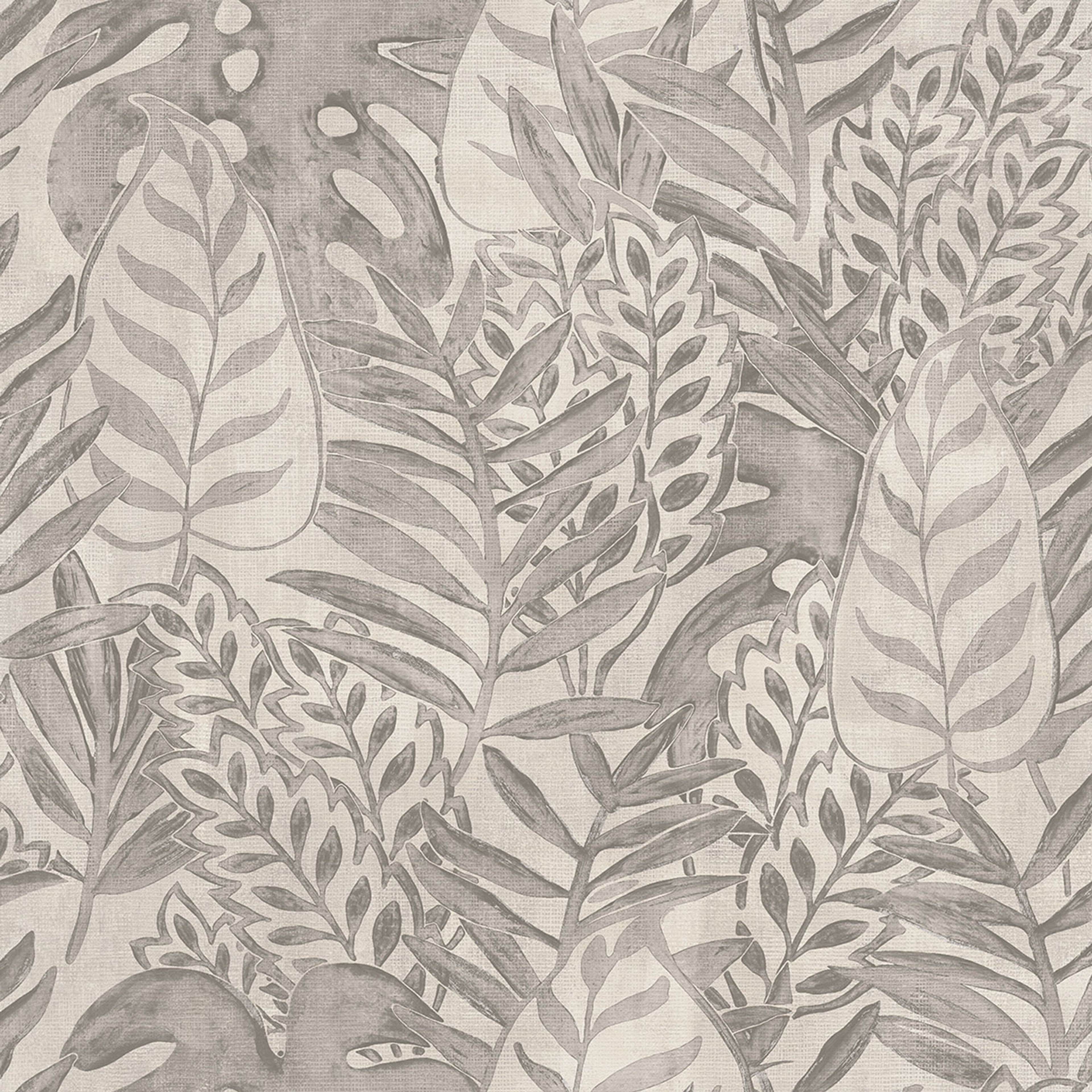 Tropical Allover tapet med botaniskt mönster i grå. Från kollektionen Tahiti. Nonwoven-material med förskjuten passning. Passar i vardagsrum, matsal och hall.