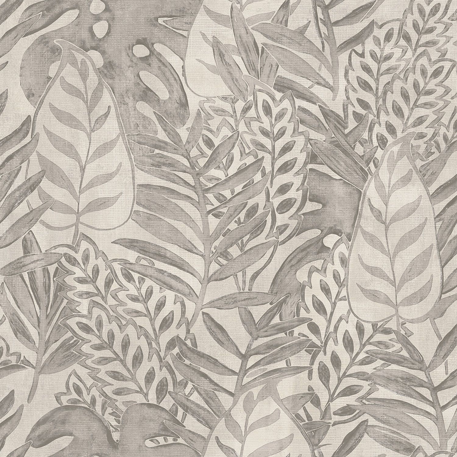 Tropical Allover tapet med botaniskt mönster i grå. Från kollektionen Tahiti. Nonwoven-material med förskjuten passning. Passar i vardagsrum, matsal och hall.