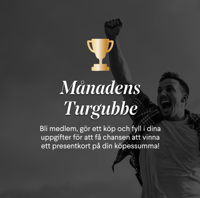 Triumphant man with a raised fist and a golden trophy icon above the text "Månadens Turgubbe".
