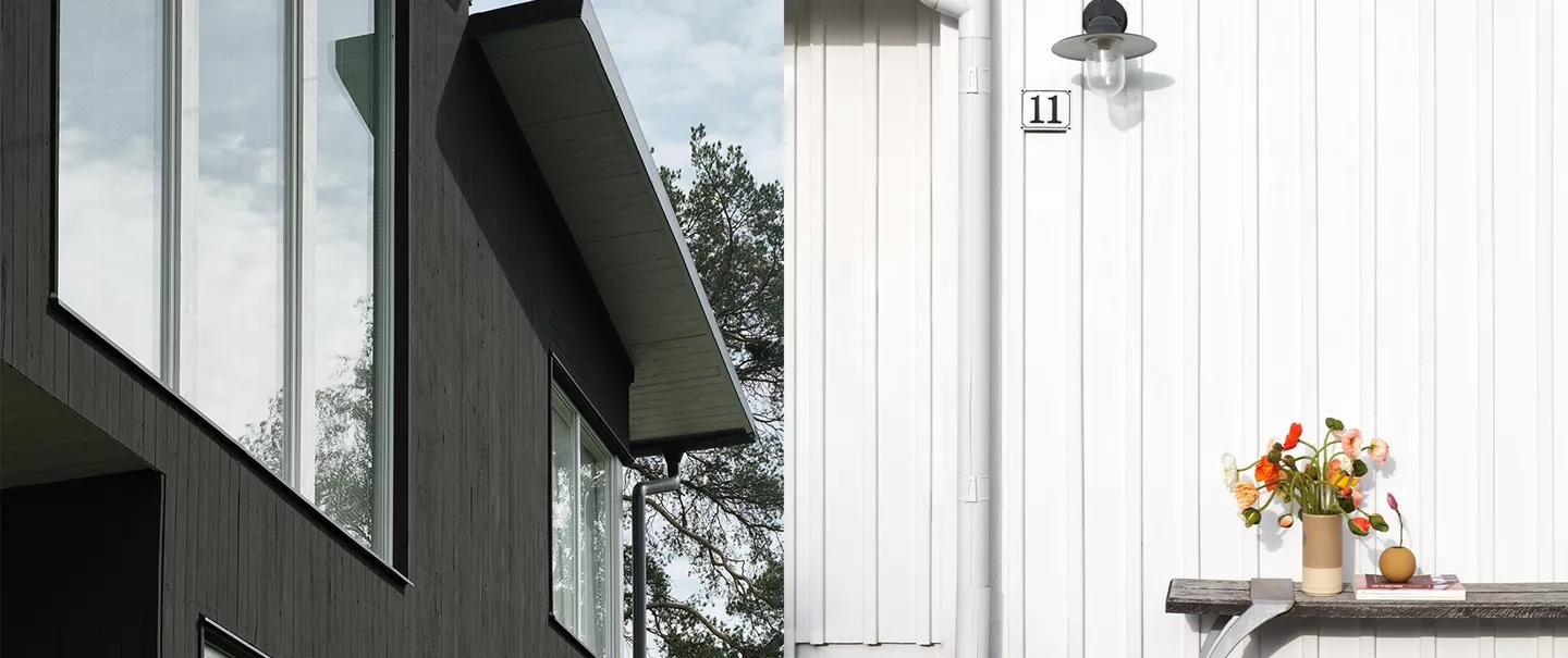 Side-by-side image of a dark modern house and a white traditional house with number 11 and a vase of flowers.
