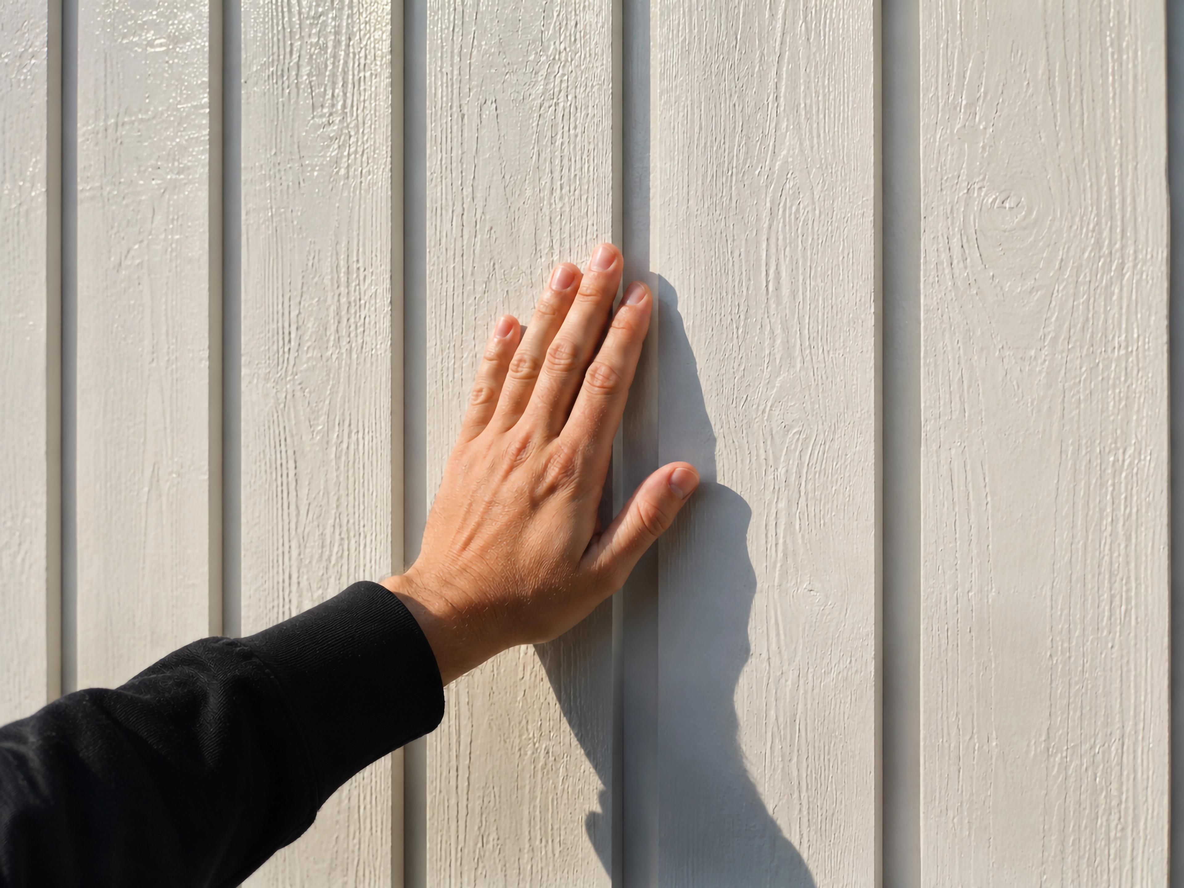 A hand on light-colored, wood-grain paneling.