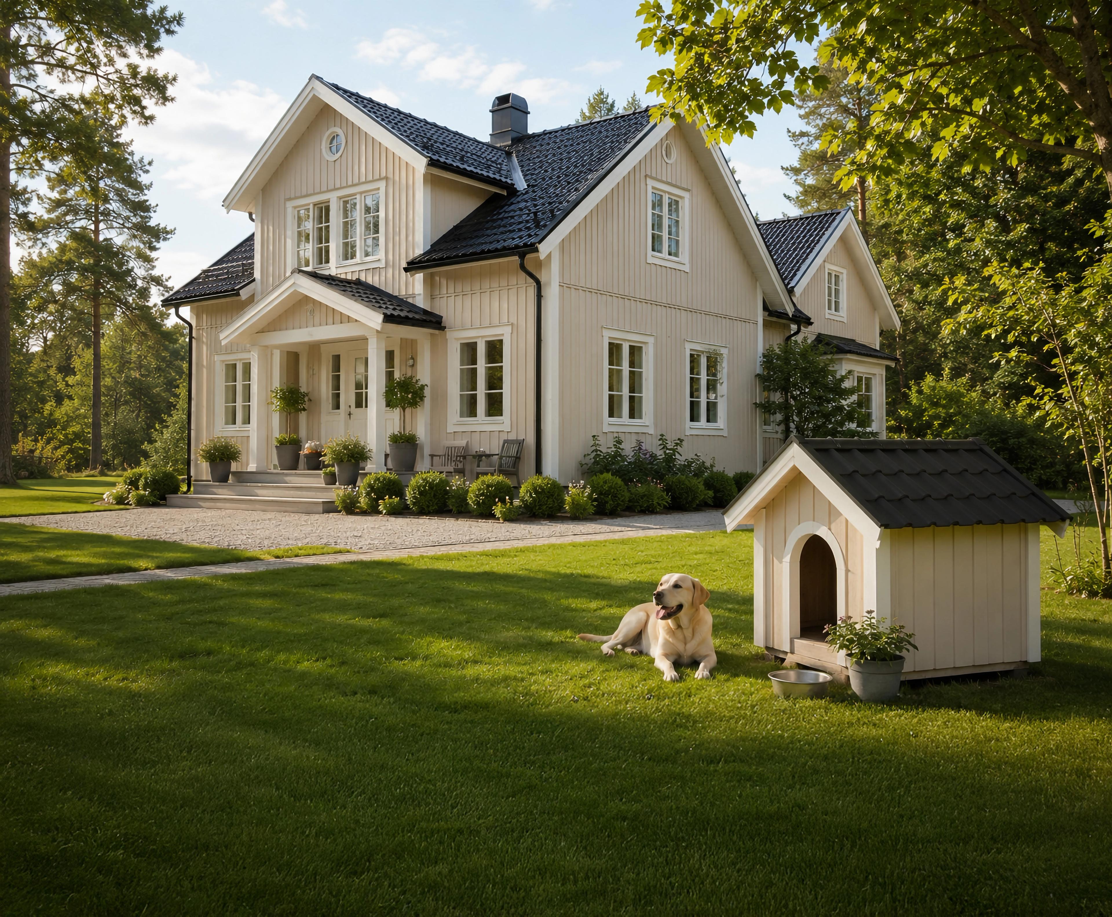 A light-colored house with a dark roof, a green lawn, and a golden retriever lying near its doghouse.
