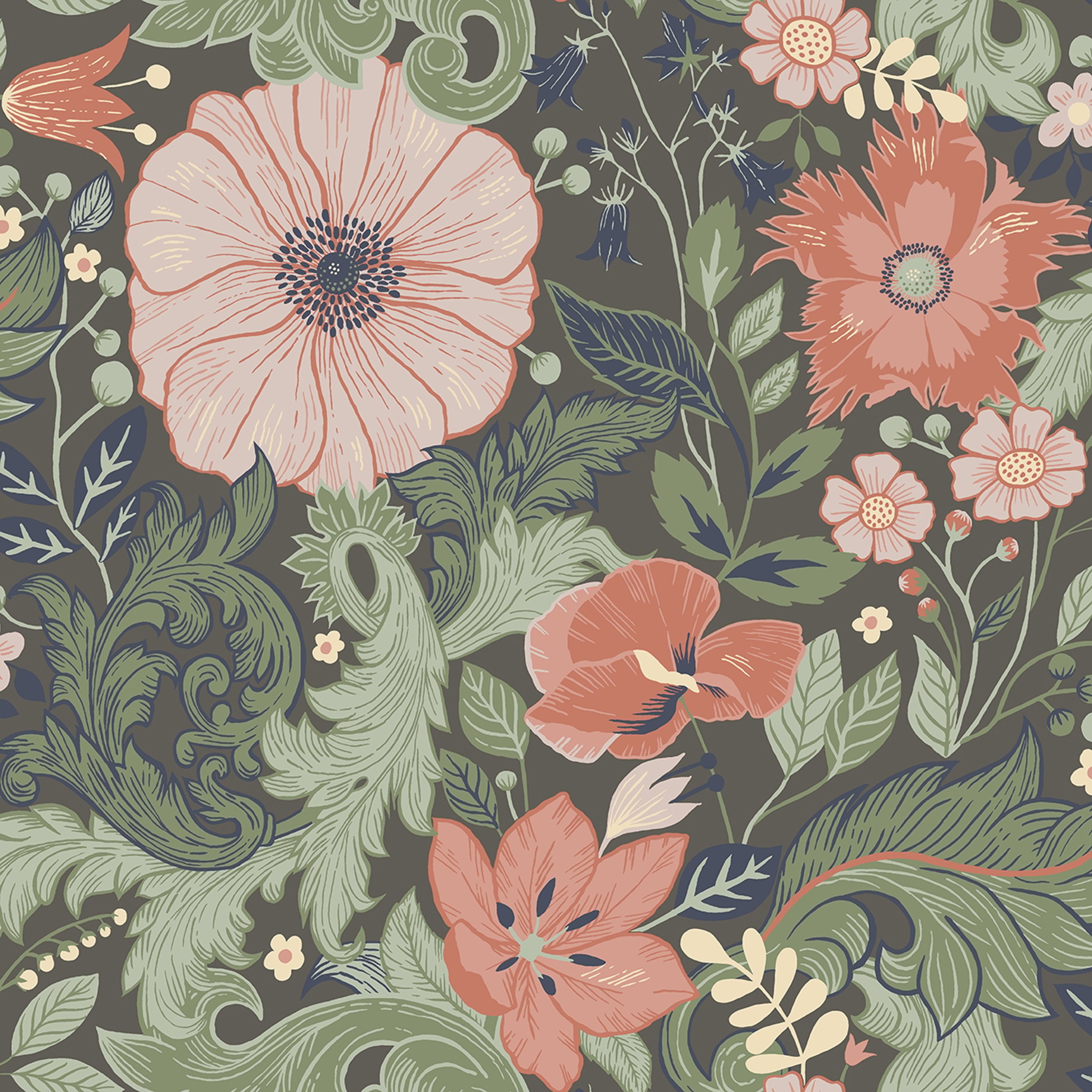 Victoria tapet med blommigt mönster i rosa och grön. Från kollektionen Ängås. Nonwoven-material med förskjuten passning.