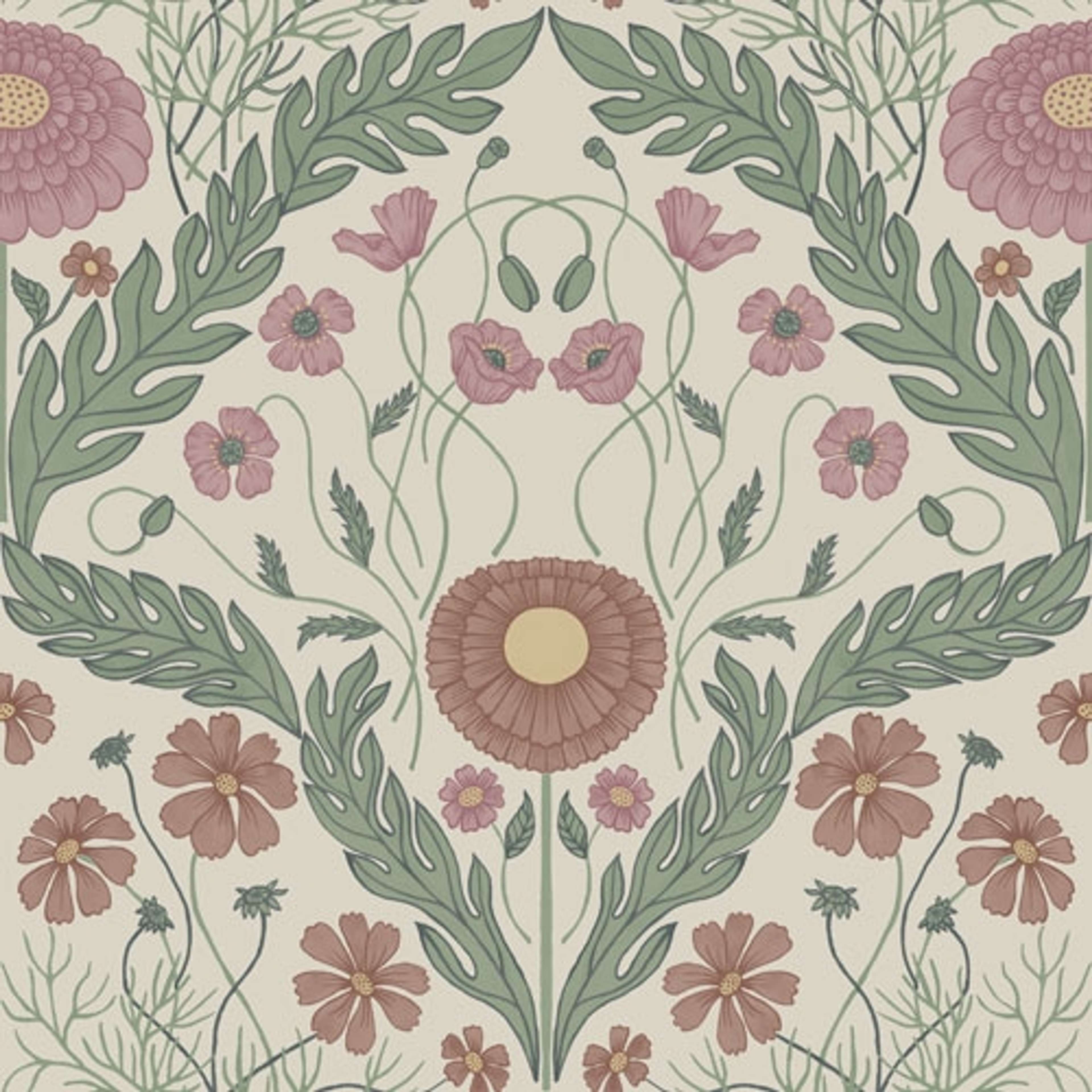 Marguerite storblommig, ljus tapet från Midbec med botaniskt mönster i grön och beige. Från kollektionen Blomstermåla. Nonwoven-material med rak passning.