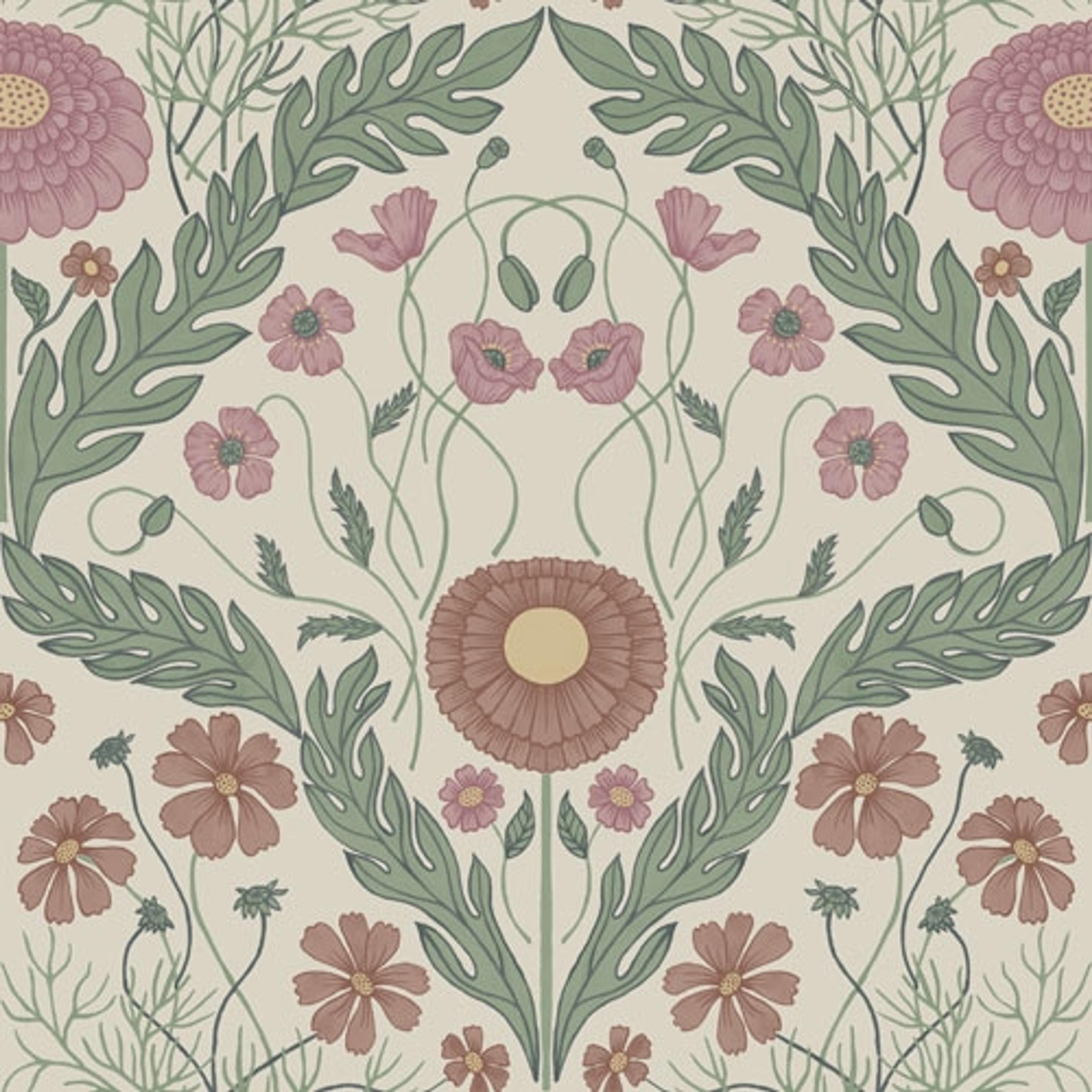 Marguerite storblommig, ljus tapet från Midbec med botaniskt mönster i grön och beige. Från kollektionen Blomstermåla. Nonwoven-material med rak passning.