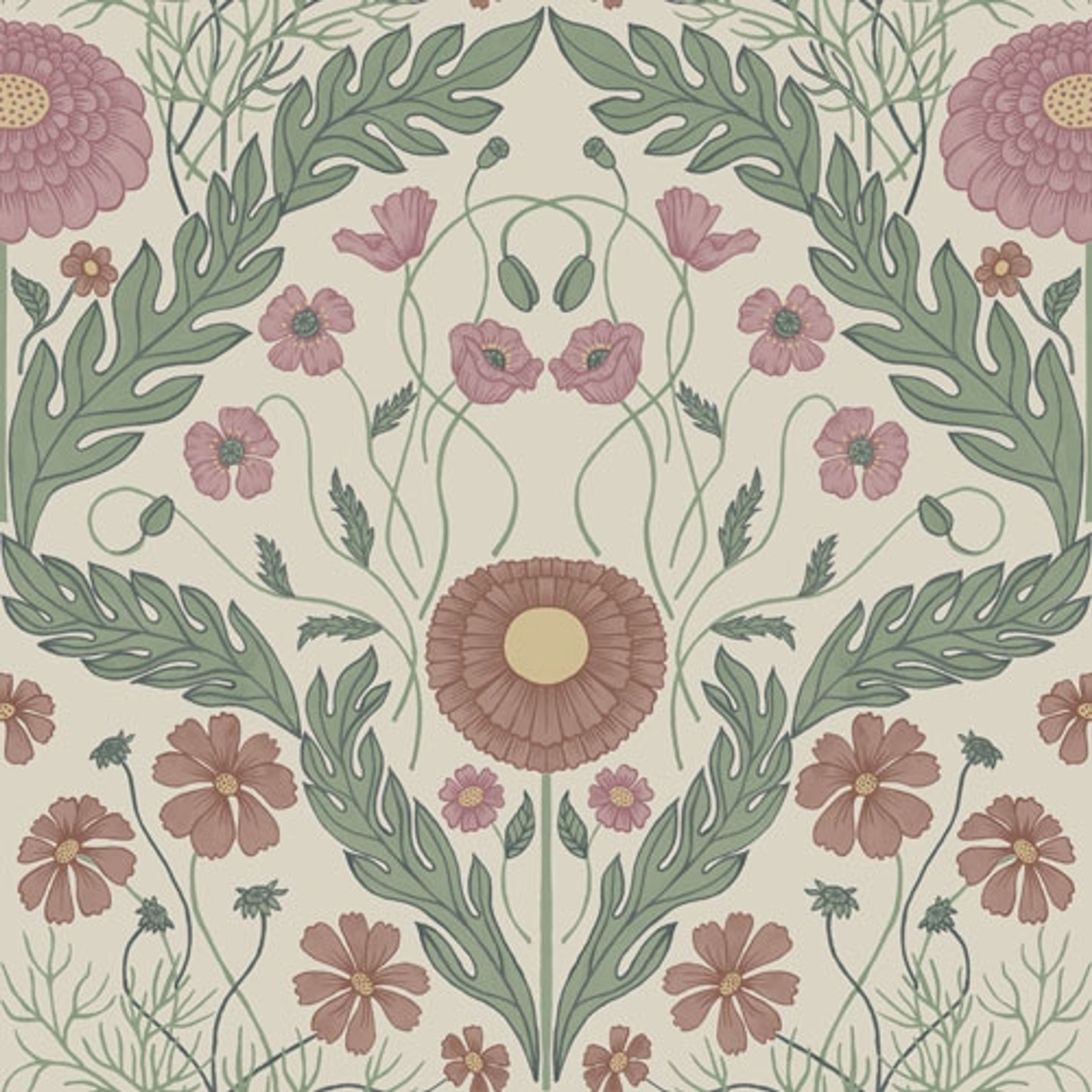 Marguerite storblommig, ljus tapet från Midbec med botaniskt mönster i grön och beige. Från kollektionen Blomstermåla. Nonwoven-material med rak passning.