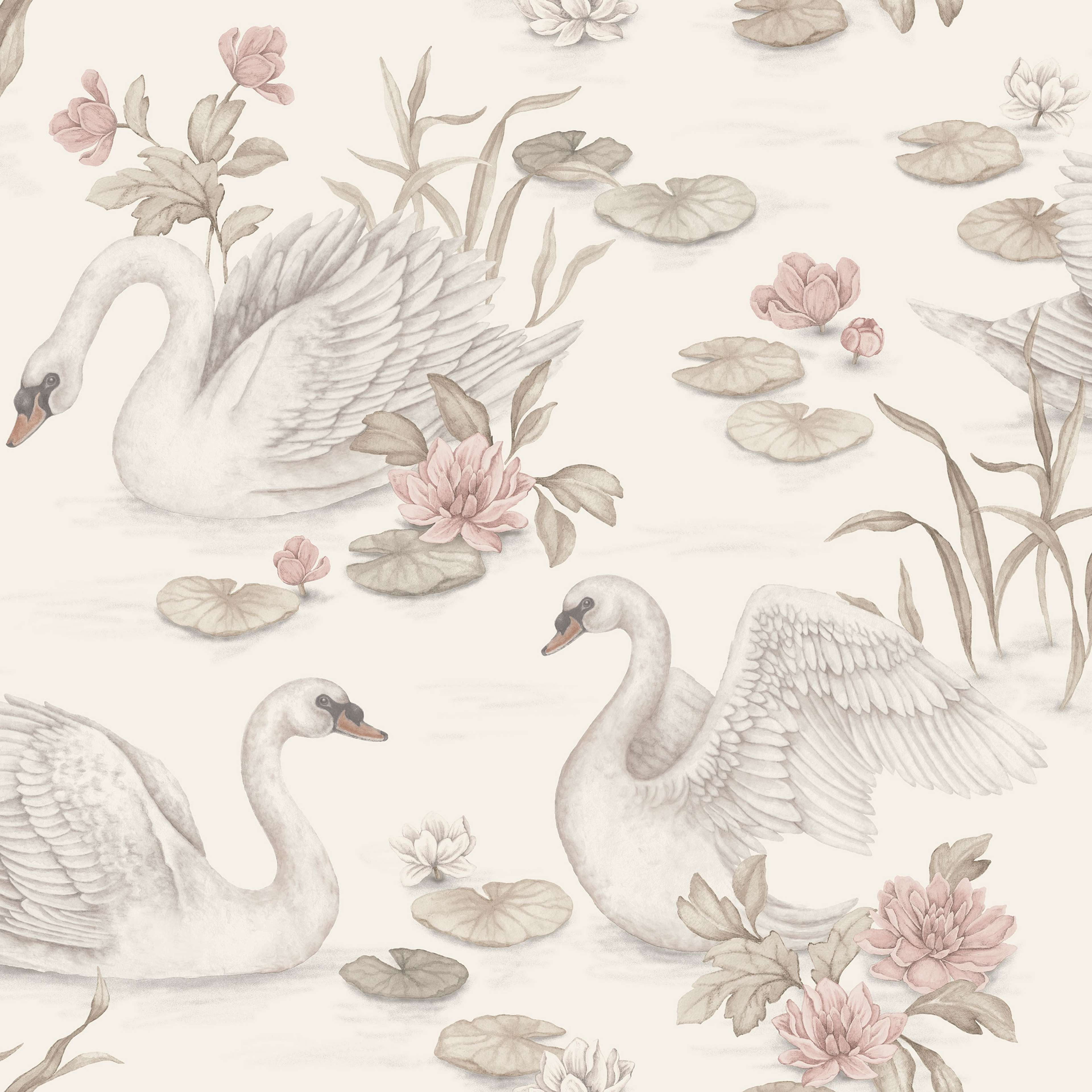 Lily Swan multi, tapet tapet med djur, blommigt mönster i vit och rosa. Från kollektionen Newbie II Wallpaper. Nonwoven-material med förskjuten passning. Passar i sovrum.
