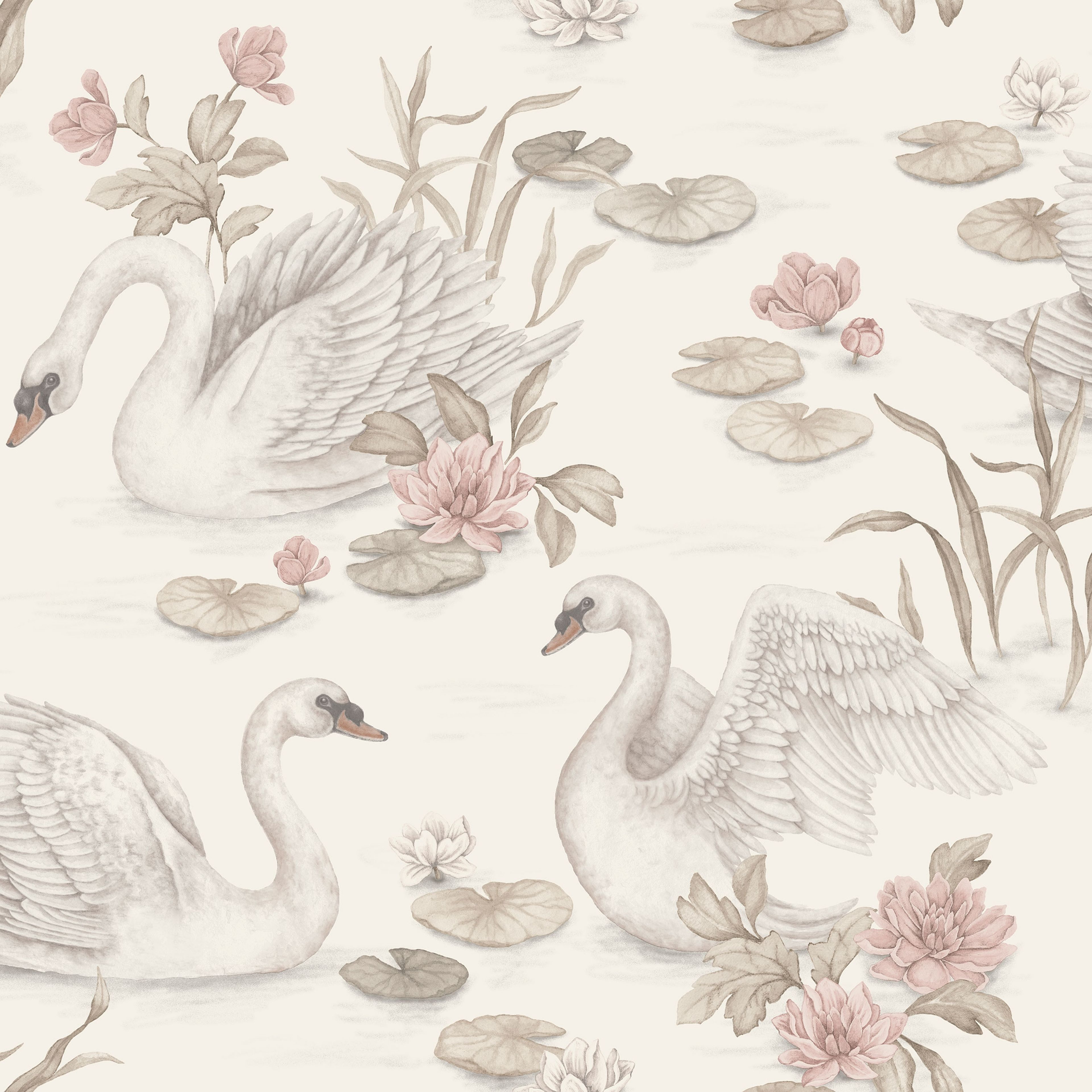 Lily Swan multi, tapet tapet med djur, blommigt mönster i vit och rosa. Från kollektionen Newbie II Wallpaper. Nonwoven-material med förskjuten passning. Passar i sovrum.