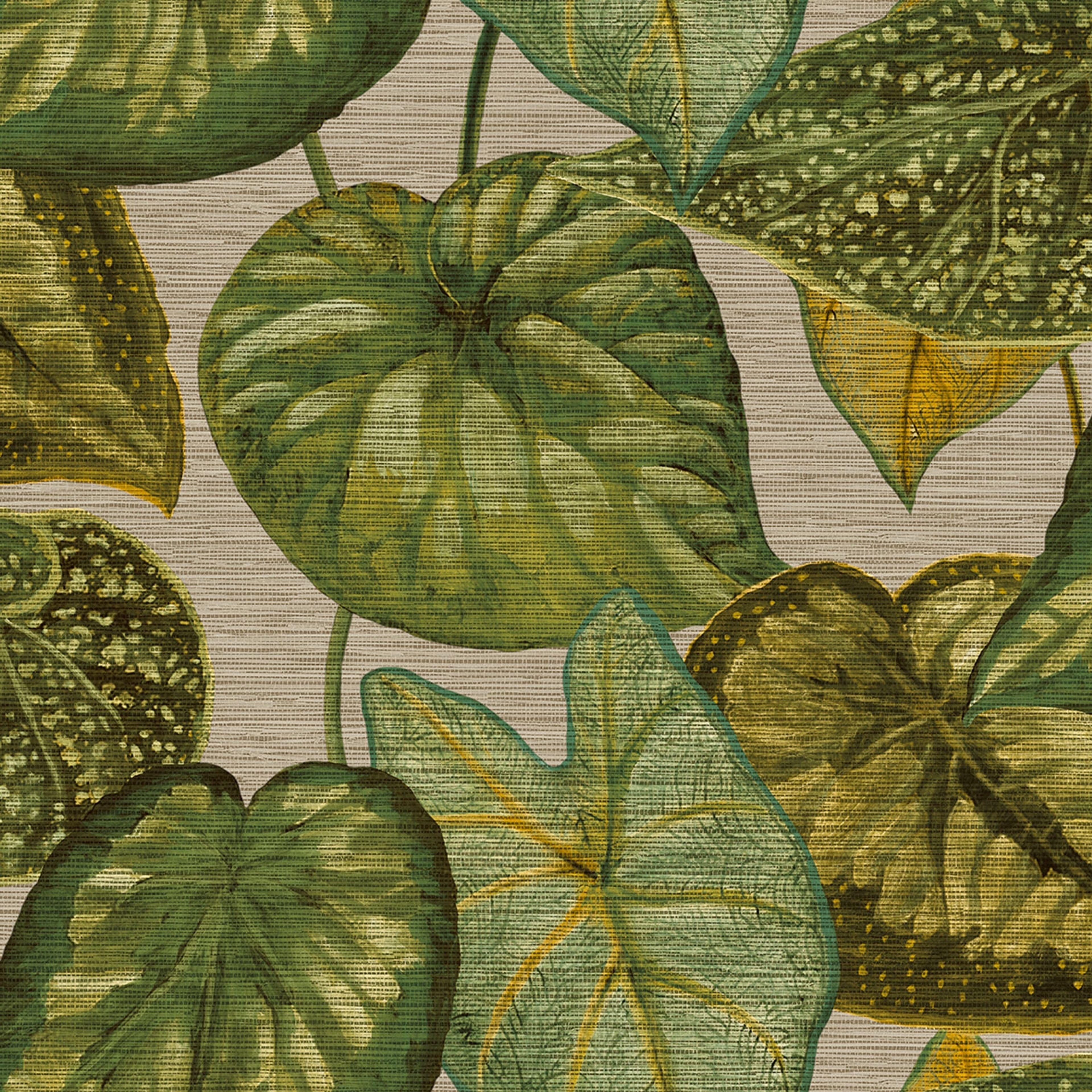 Tropical Leaves tapet med botaniskt mönster i grön. Från kollektionen Tahiti. Nonwoven-material med förskjuten passning. Passar i vardagsrum, matsal och hall.