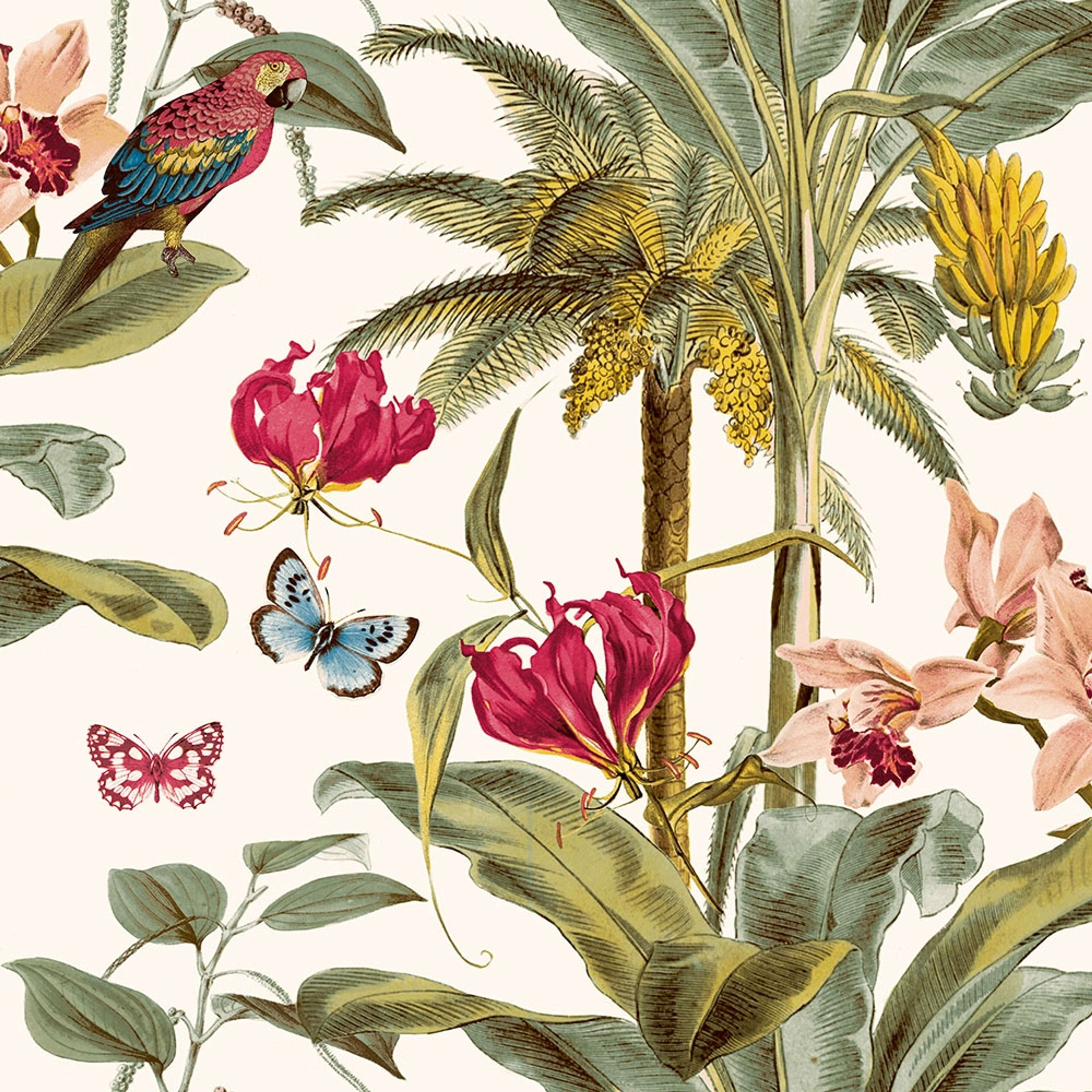 Tropical Palm - Motif 1 tapet i flerfärgat tapet med djur mönster i vit. Från kollektionen jungle fever. Nonwoven-material med förskjuten passning. Passar i vardagsrum och matsal.