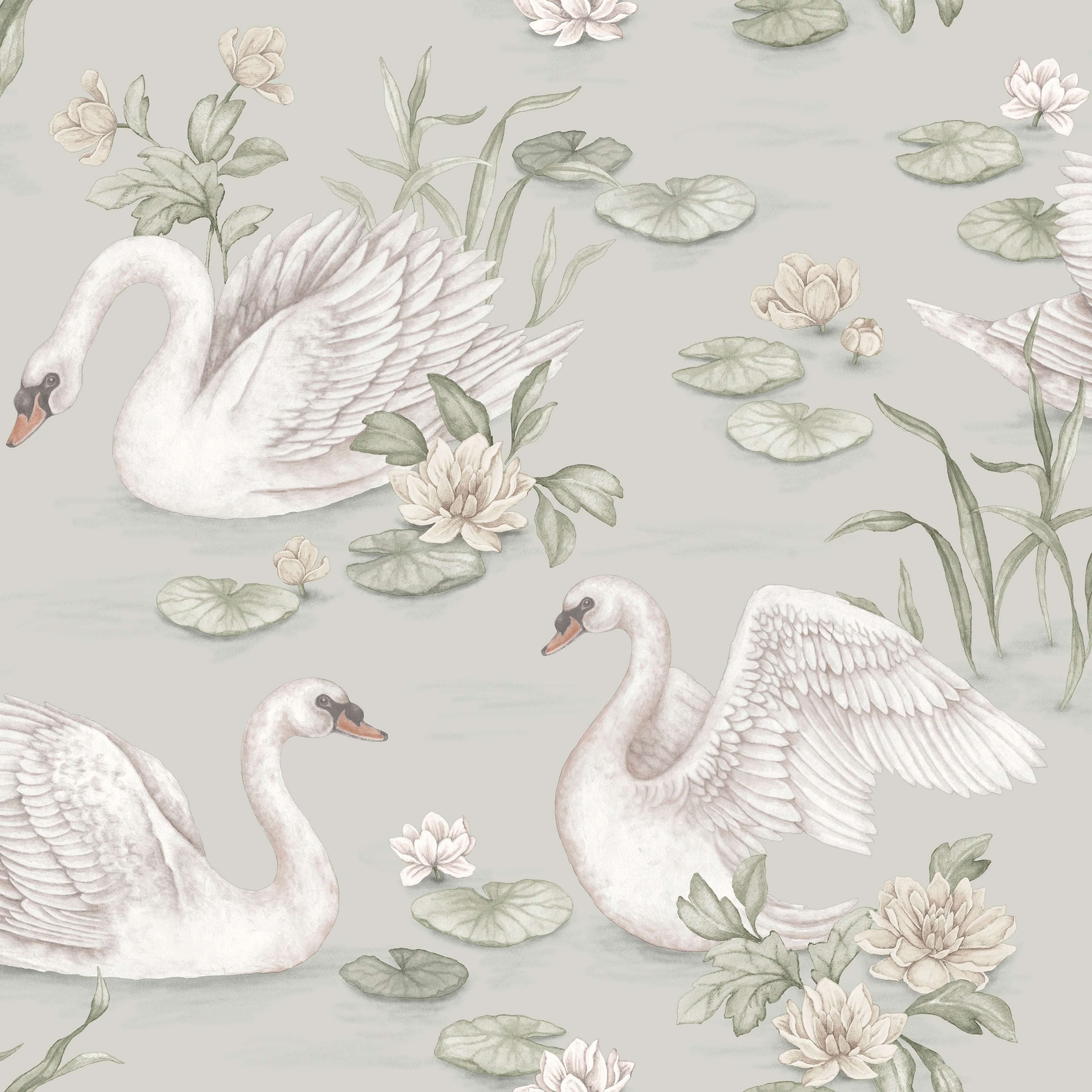 Lily Swan grön, tapet tapet med djur, blommigt mönster i grön. Från kollektionen Newbie II Wallpaper. Nonwoven-material med förskjuten passning. Passar i sovrum.