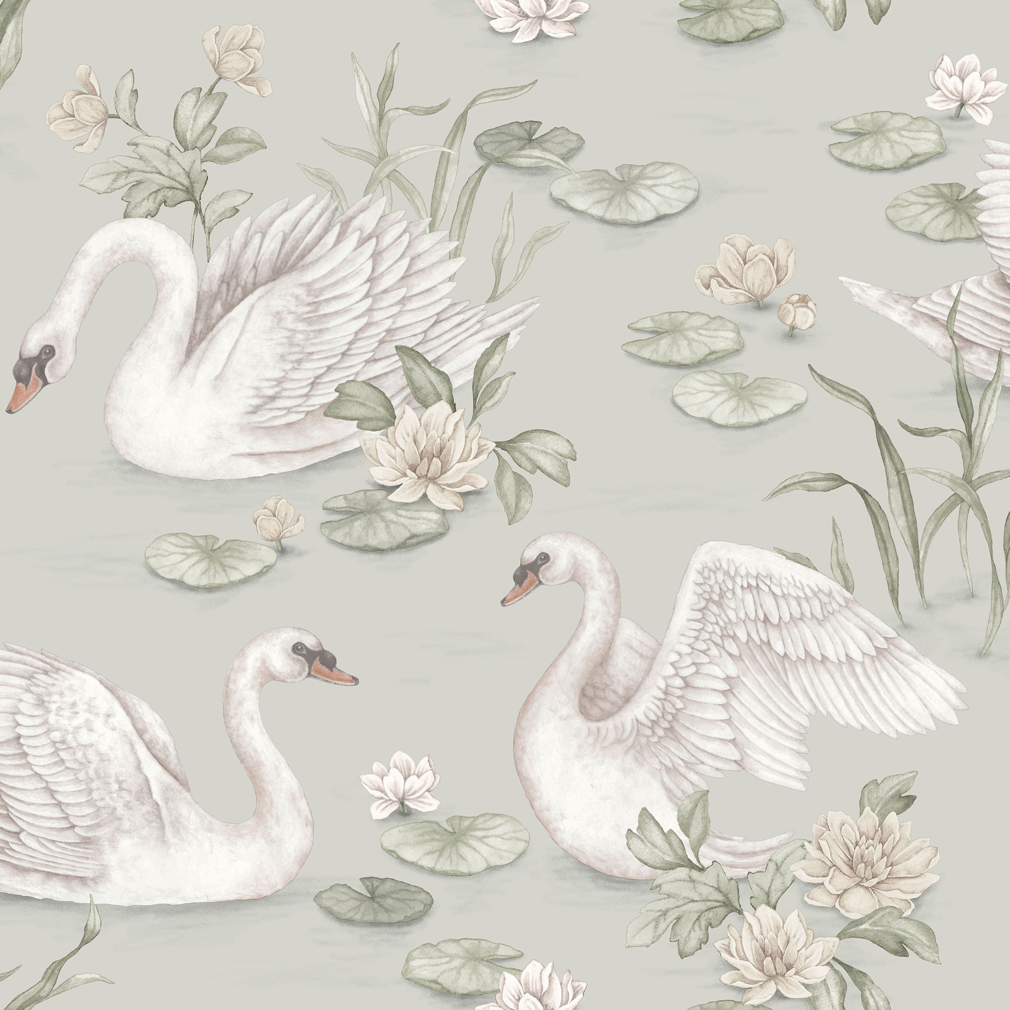 Lily Swan grön, tapet tapet med djur, blommigt mönster i grön. Från kollektionen Newbie II Wallpaper. Nonwoven-material med förskjuten passning. Passar i sovrum.